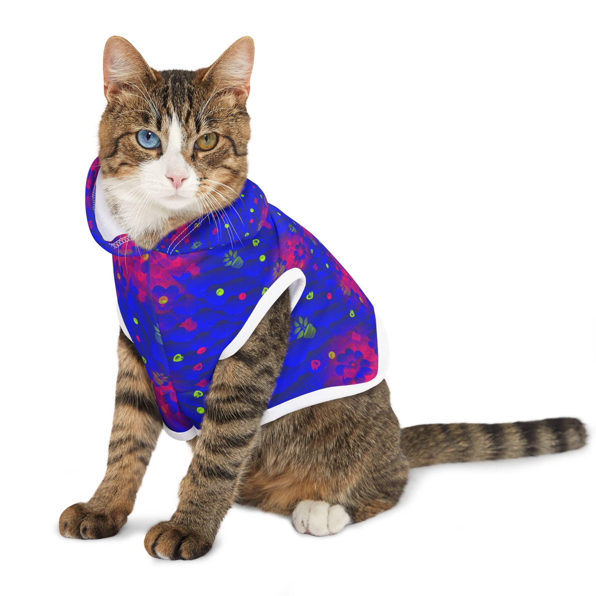 Floral Night Sky Pet Hoodie — Blue & Pink Paw Print Dog Hoodie