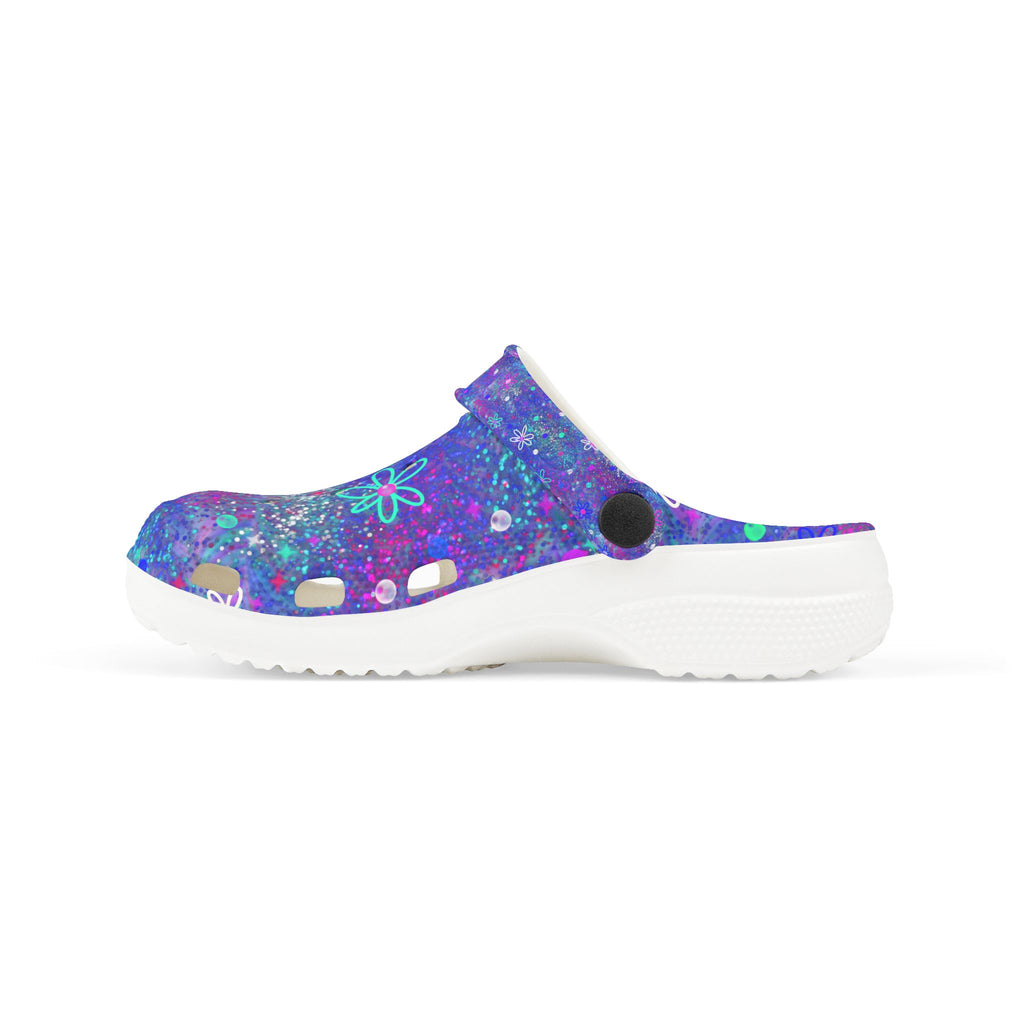Kids Floral Galaxy EVA Foam Clogs — Purple Sparkle All-Over Print