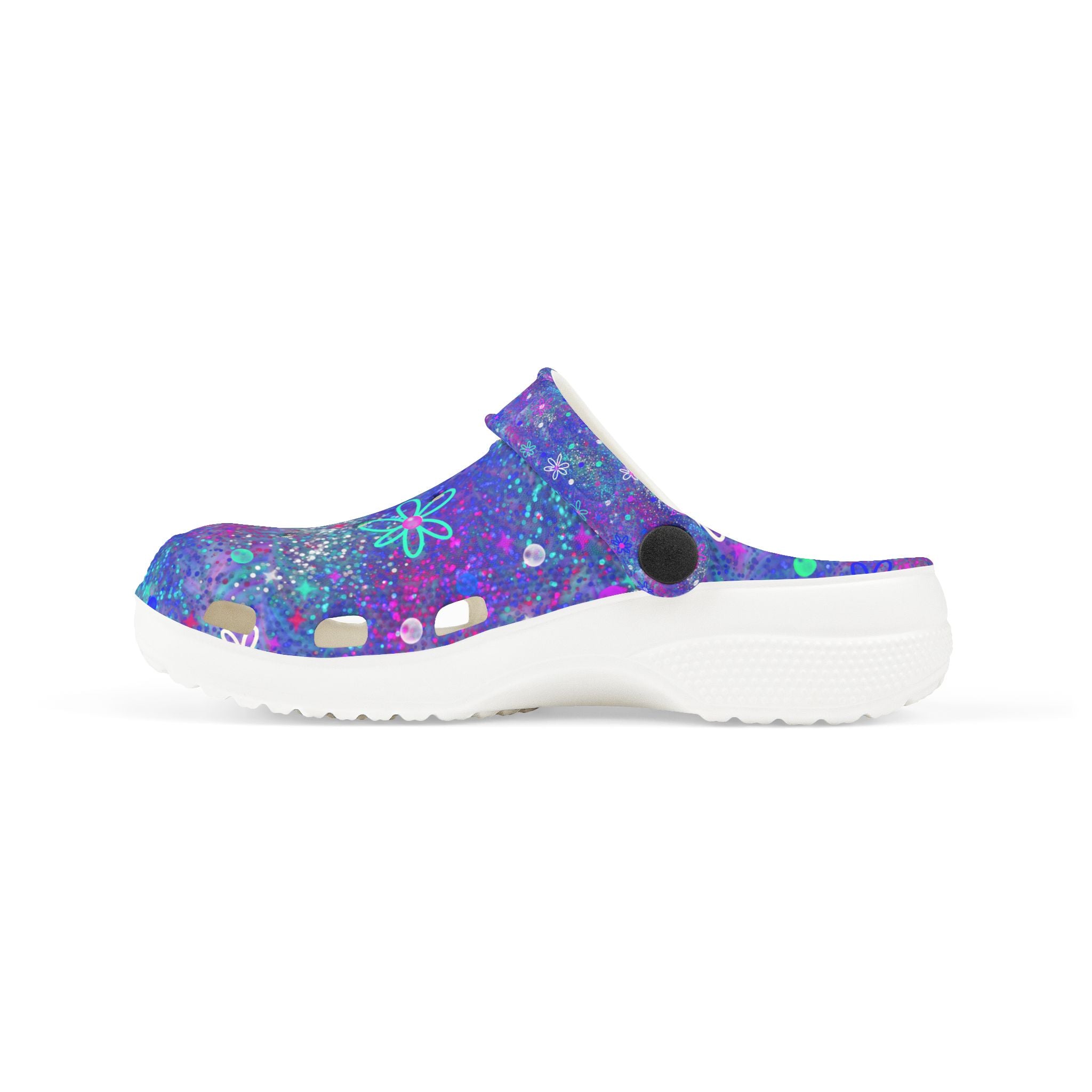 Kids Floral Galaxy EVA Foam Clogs — Purple Sparkle All-Over Print