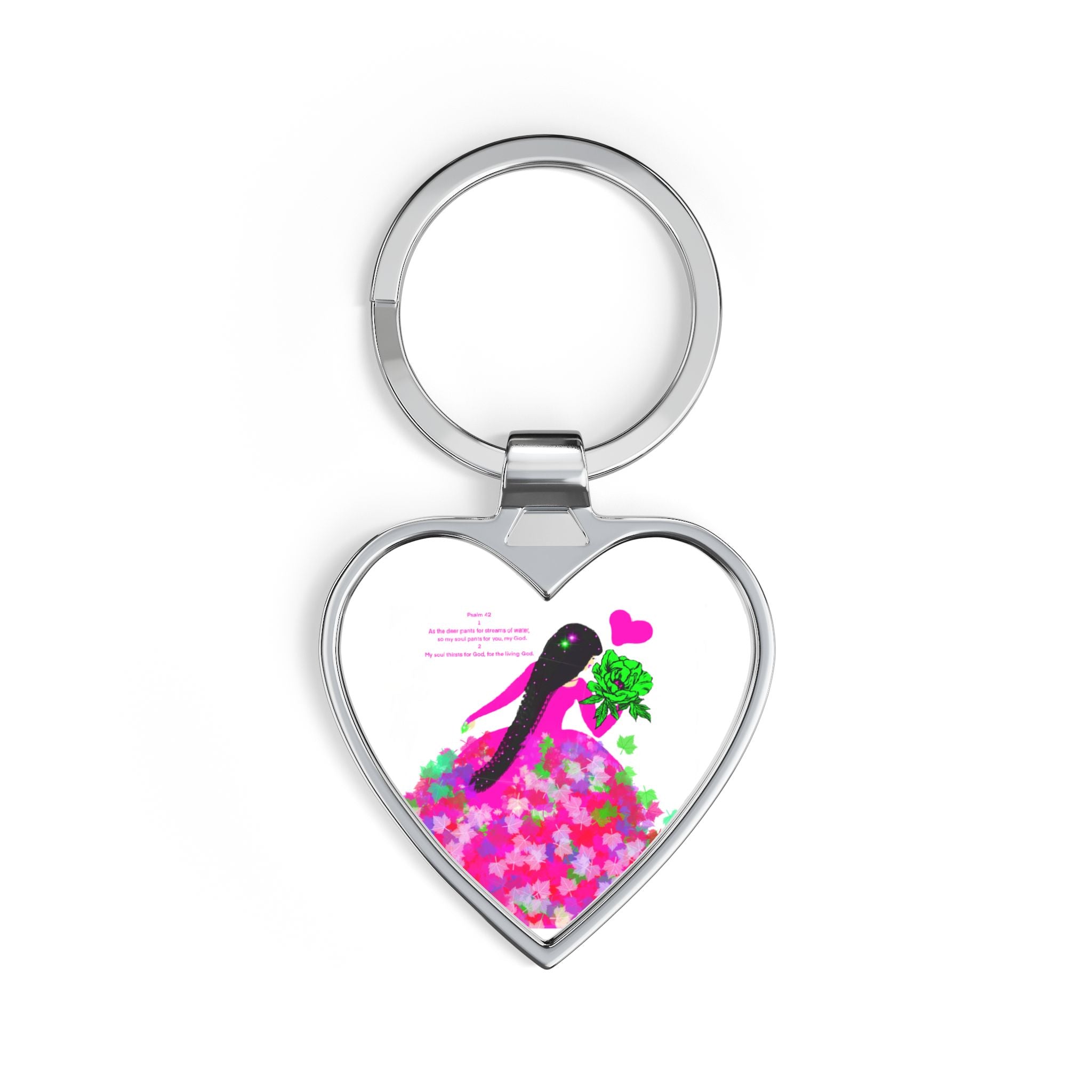 Heart-Shaped Keychain — Pink Floral Girl Design, Cute Romantic Gift