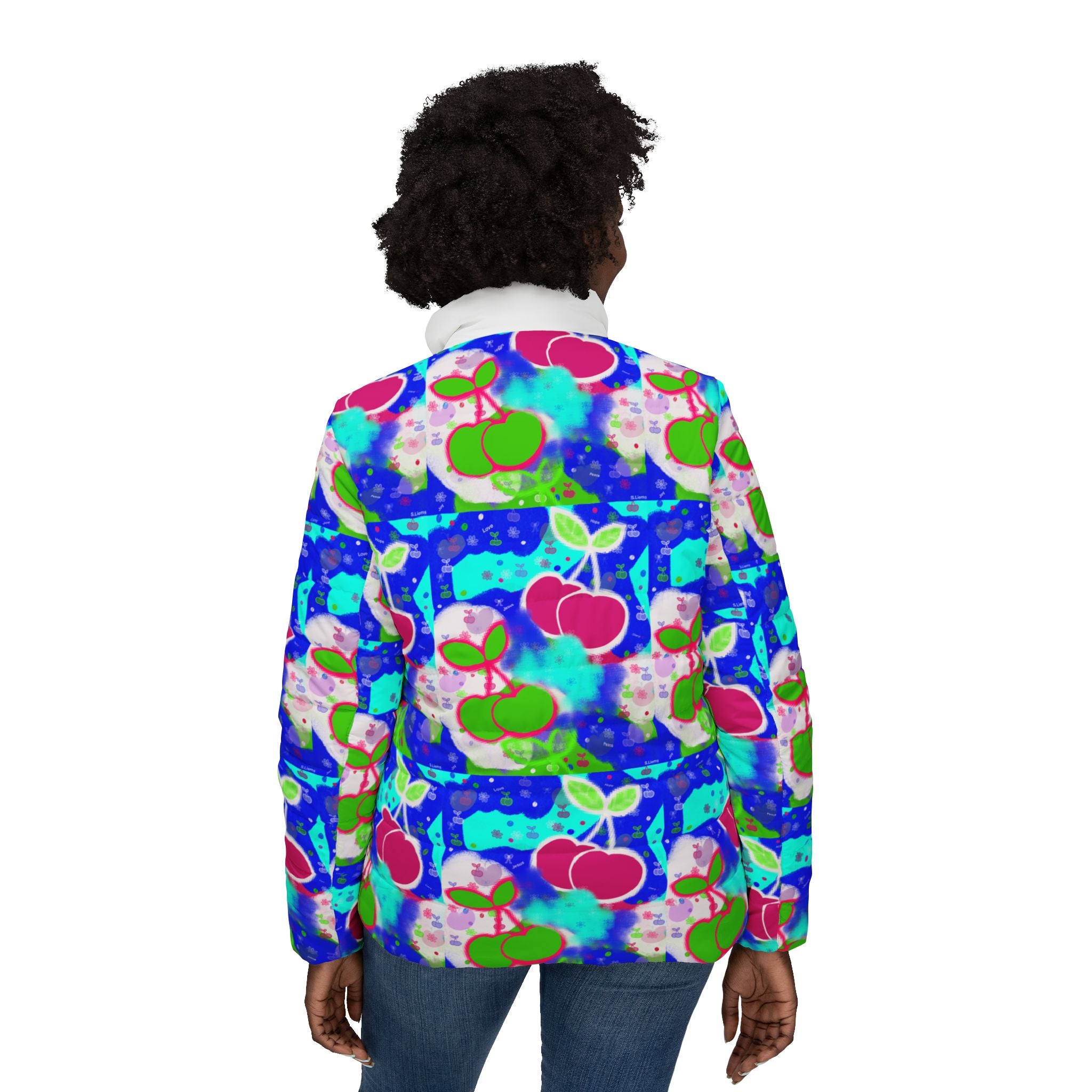 Cherry Pop Women’s Puffer Jacket — Colorful Retro Fruit Print AOP