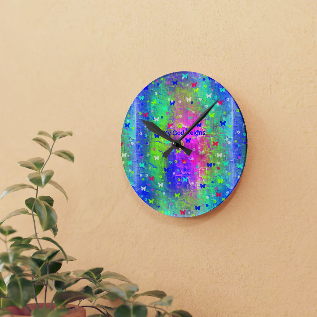 Butterfly Dreams Acrylic Wall Clock — Colorful 'God Reigns' Spiritual Decor