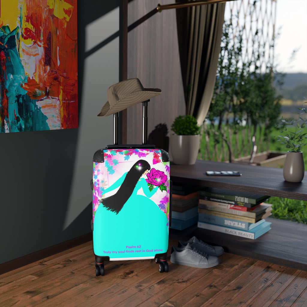 Floral Faith Carry-On Suitcase — "Psalm 62: Truly My Soul Finds Rest in God Alone"