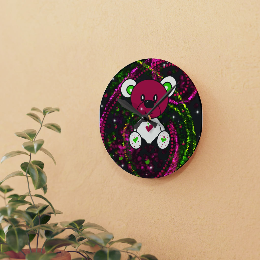 Teddy Bear Acrylic Wall Clock — Cute Pink Bear on Neon Swirl Background