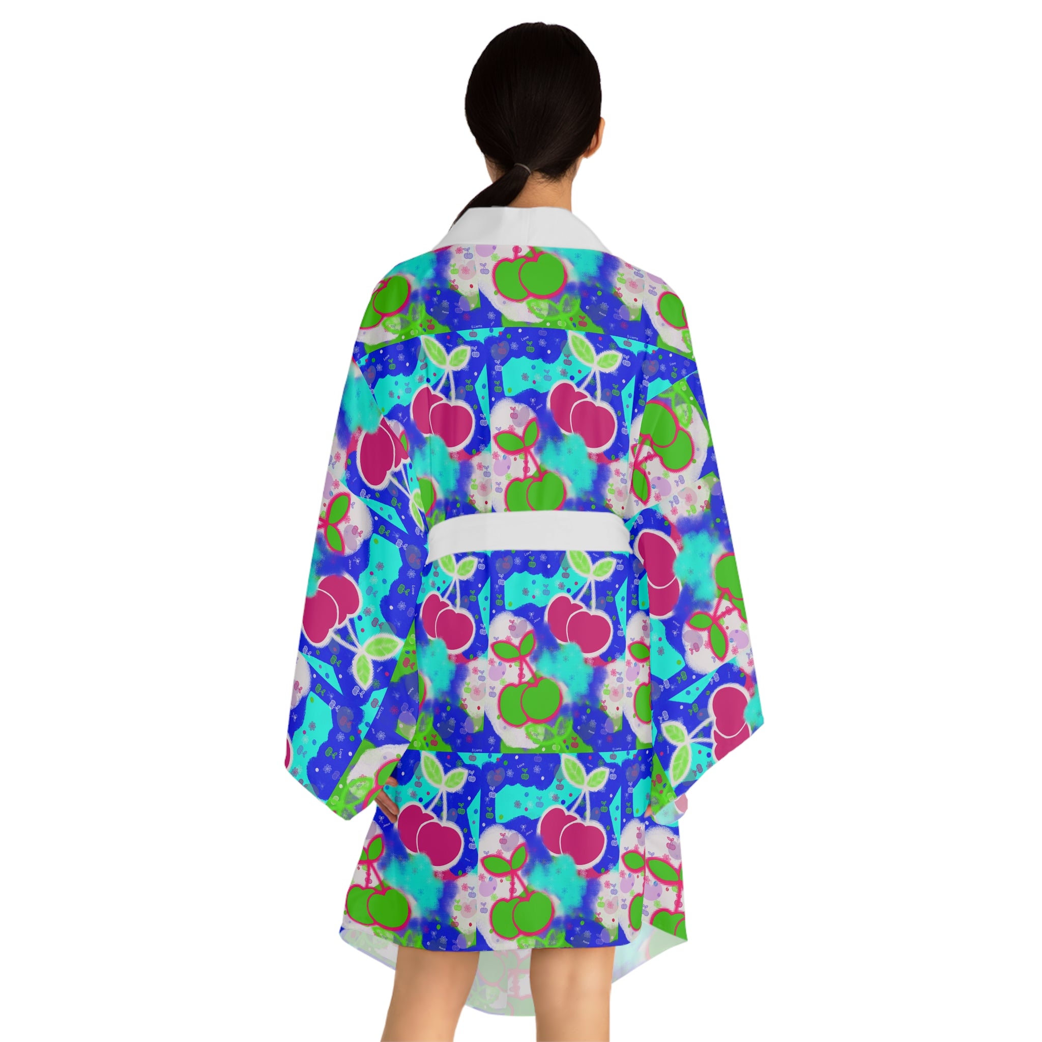 Cherry Pop Kimono Robe — Vibrant Blue All-Over Print Long Sleeve