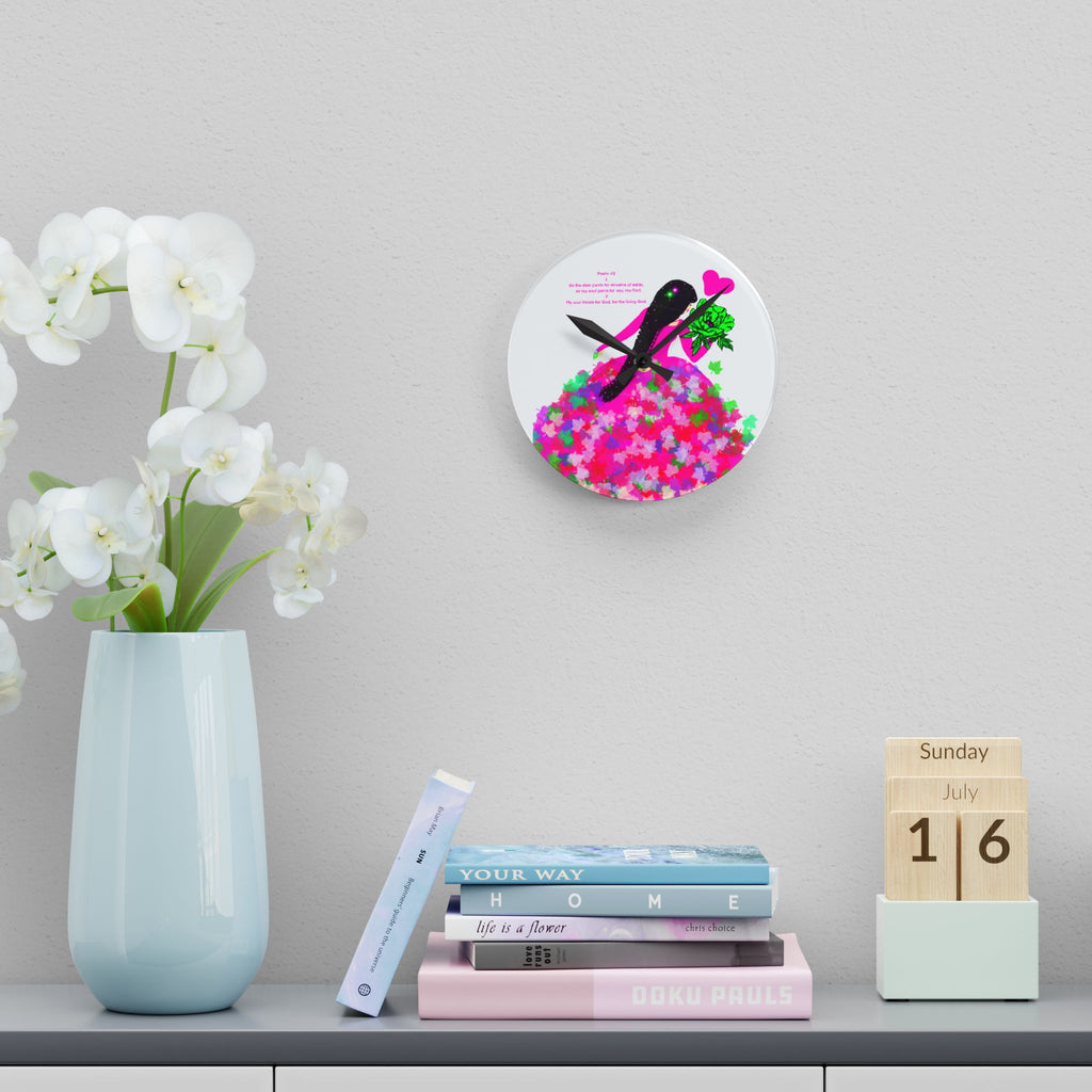 Acrylic Wall Clock — Floral Heart Girl Decorative Wall Clock with Pink Bouquet
