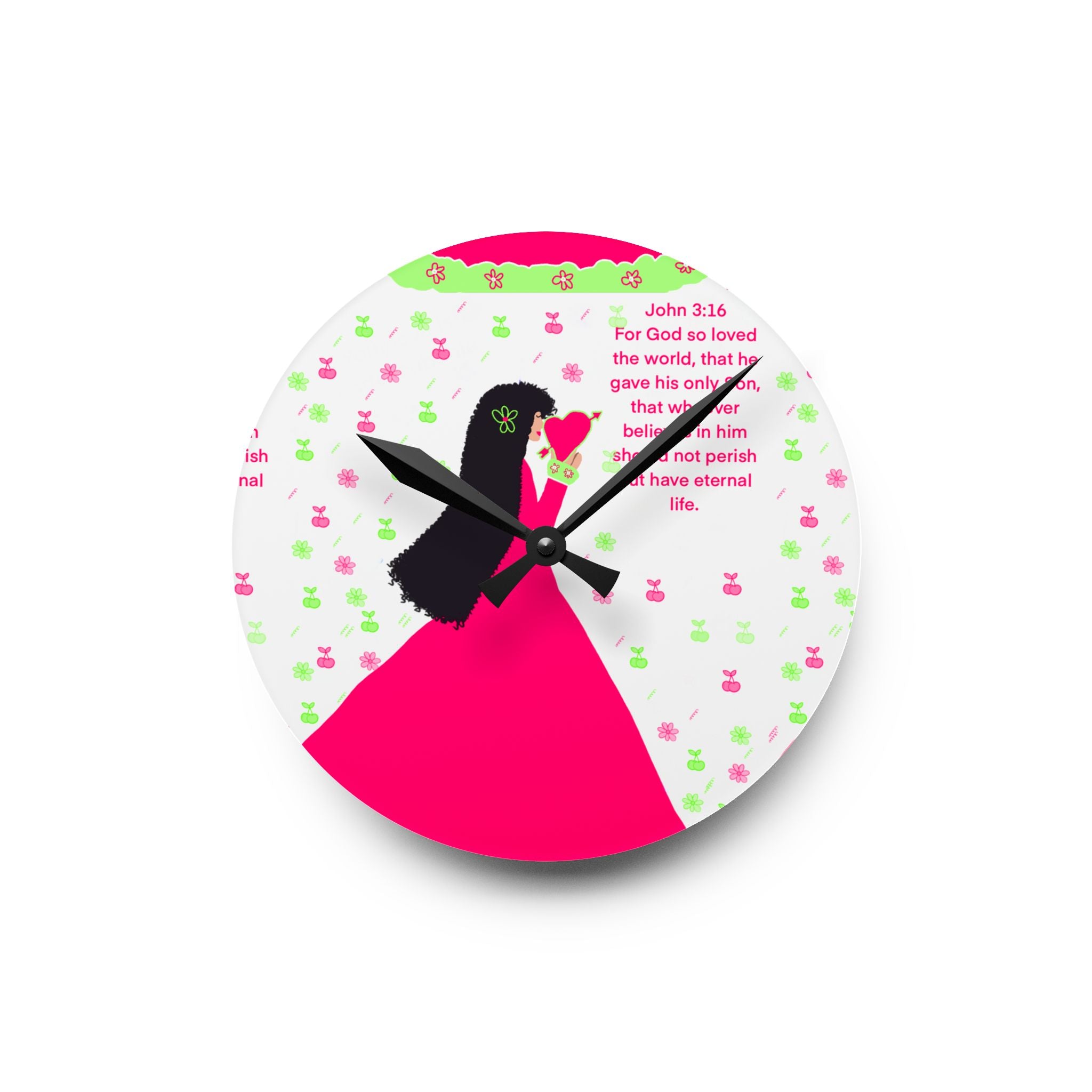Christian Girl Acrylic Wall Clock — John 3:16 Floral Prayer Design