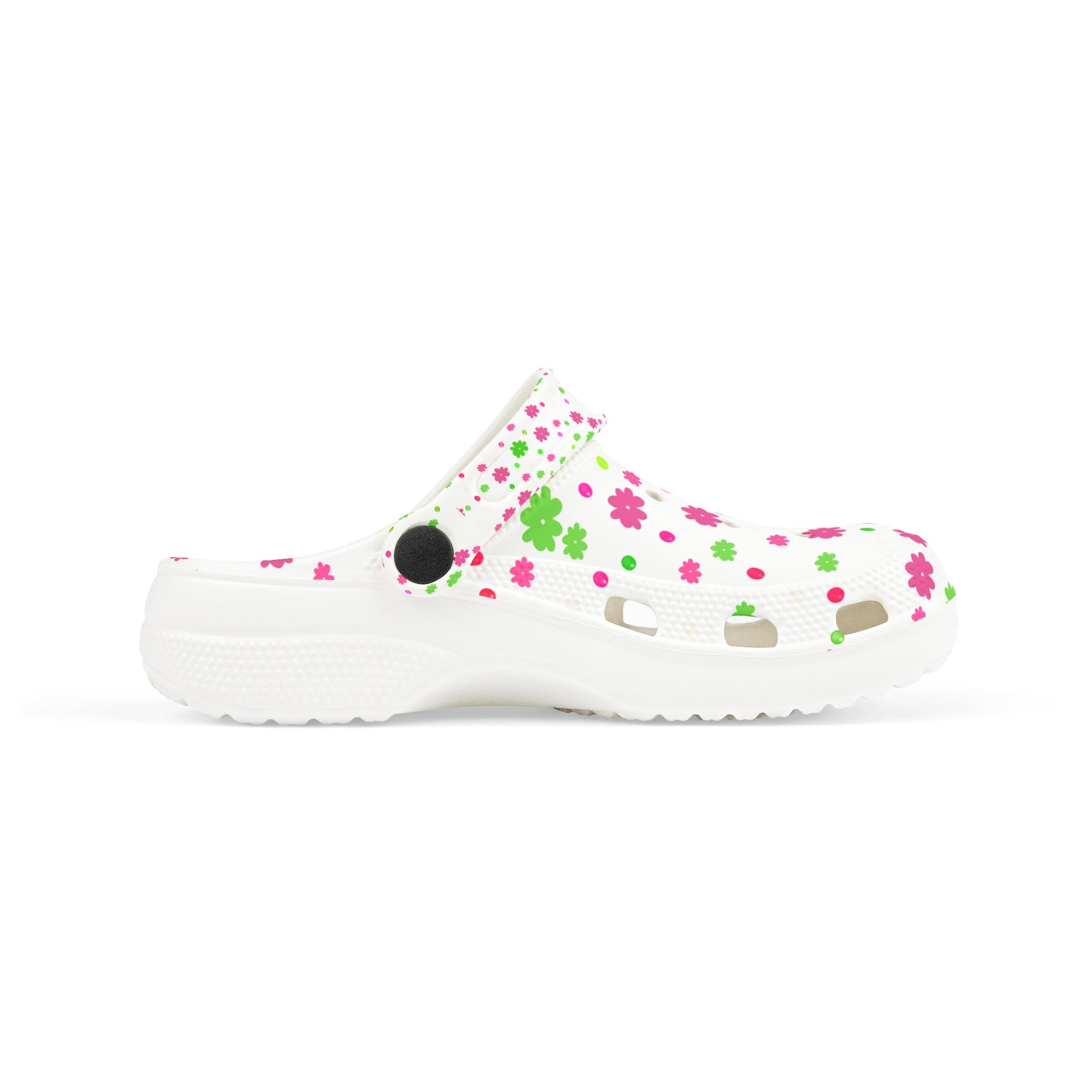 Kids Floral Foam Clogs — White Pink & Green Flower Slip-On Shoes