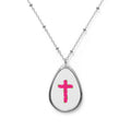 Pink Cross Oval Necklace — Religious Teardrop Pendant for Women