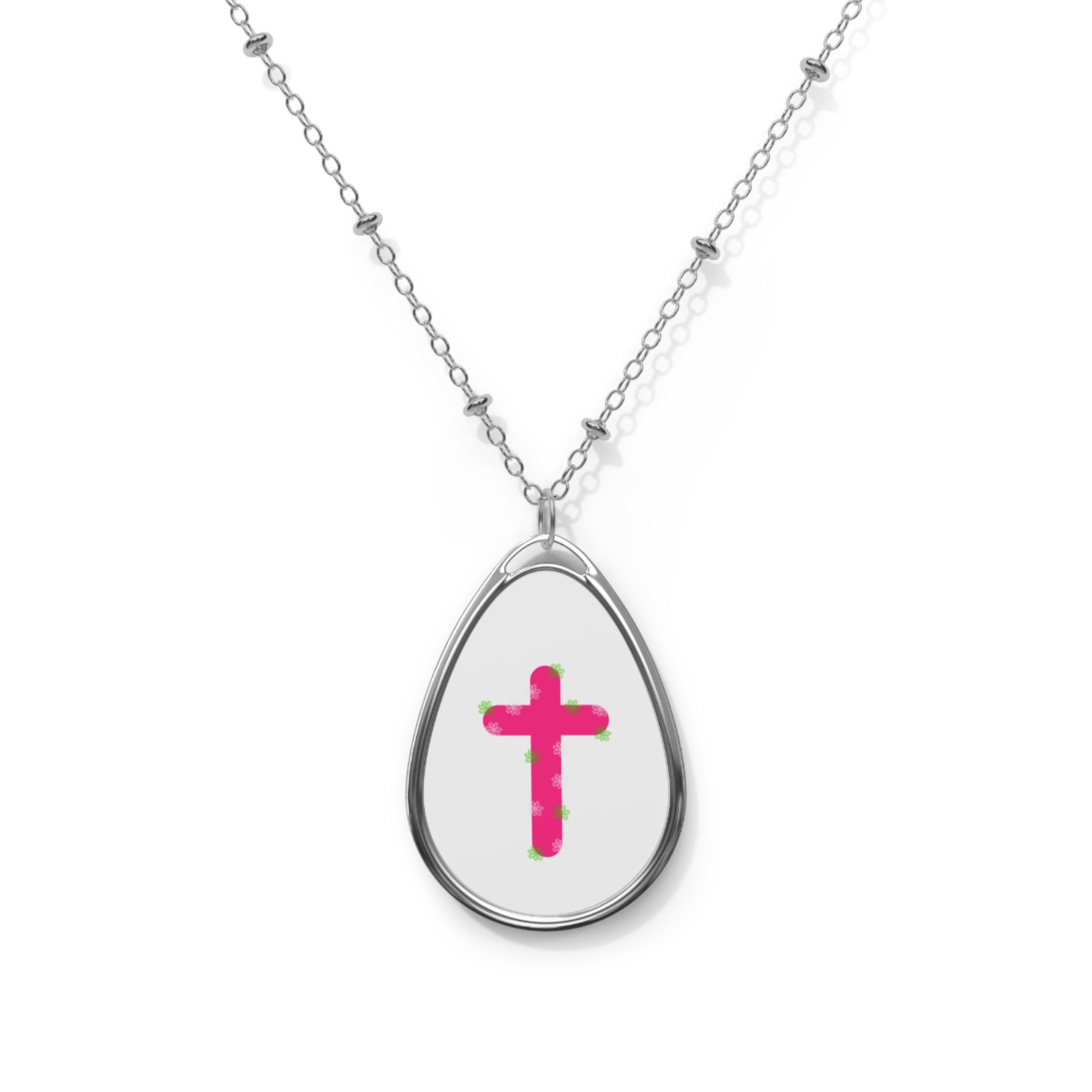 Pink Cross Oval Necklace — Religious Teardrop Pendant for Women