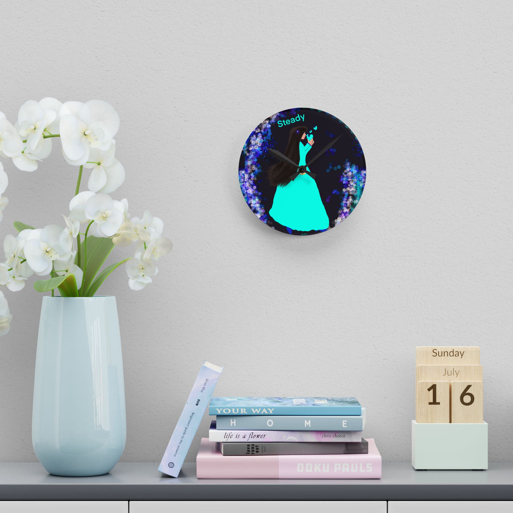 Steady Girl Acrylic Wall Clock — Teal Gown Night Sky Decor