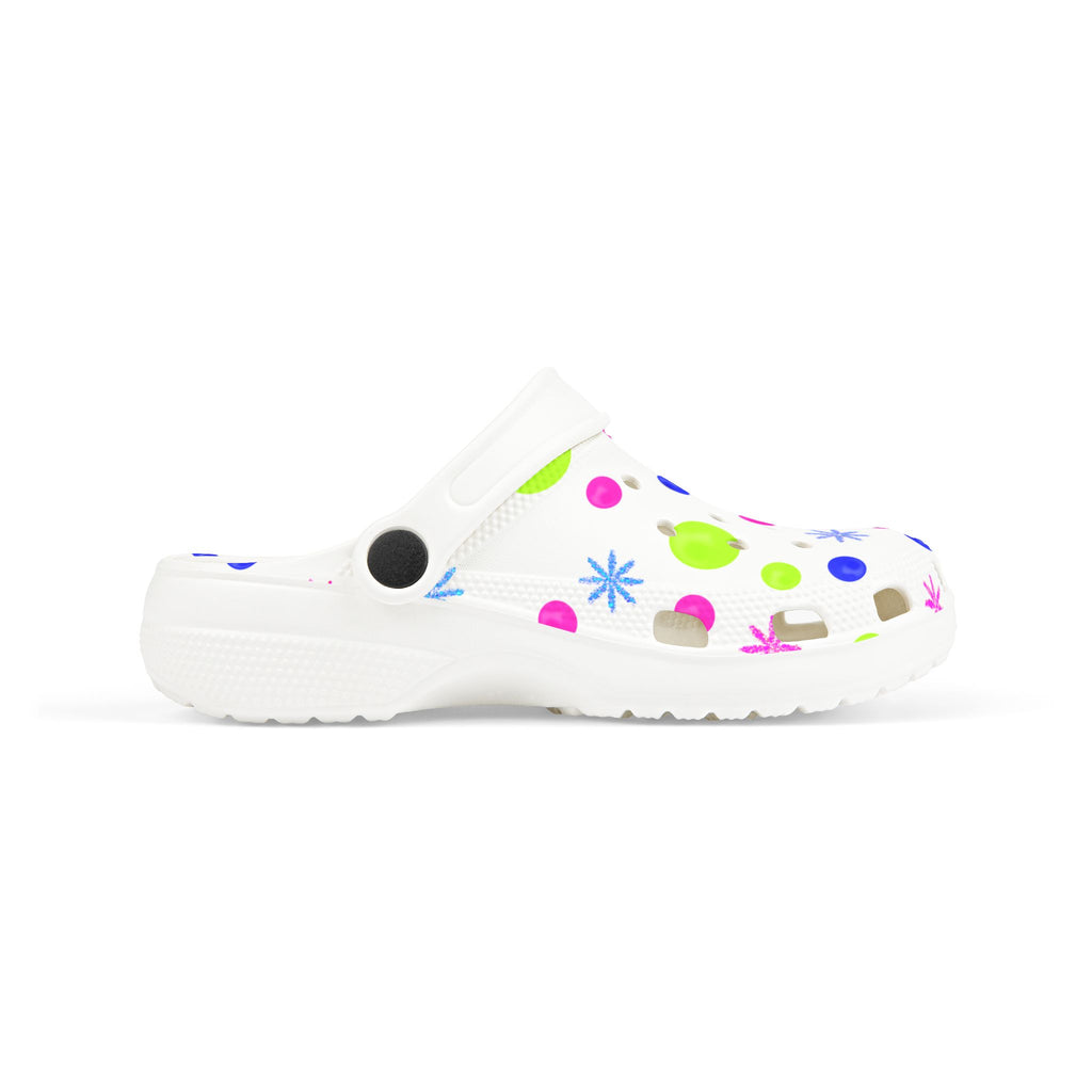 Kids EVA Foam Clogs — White Neon Polka Dot Splash