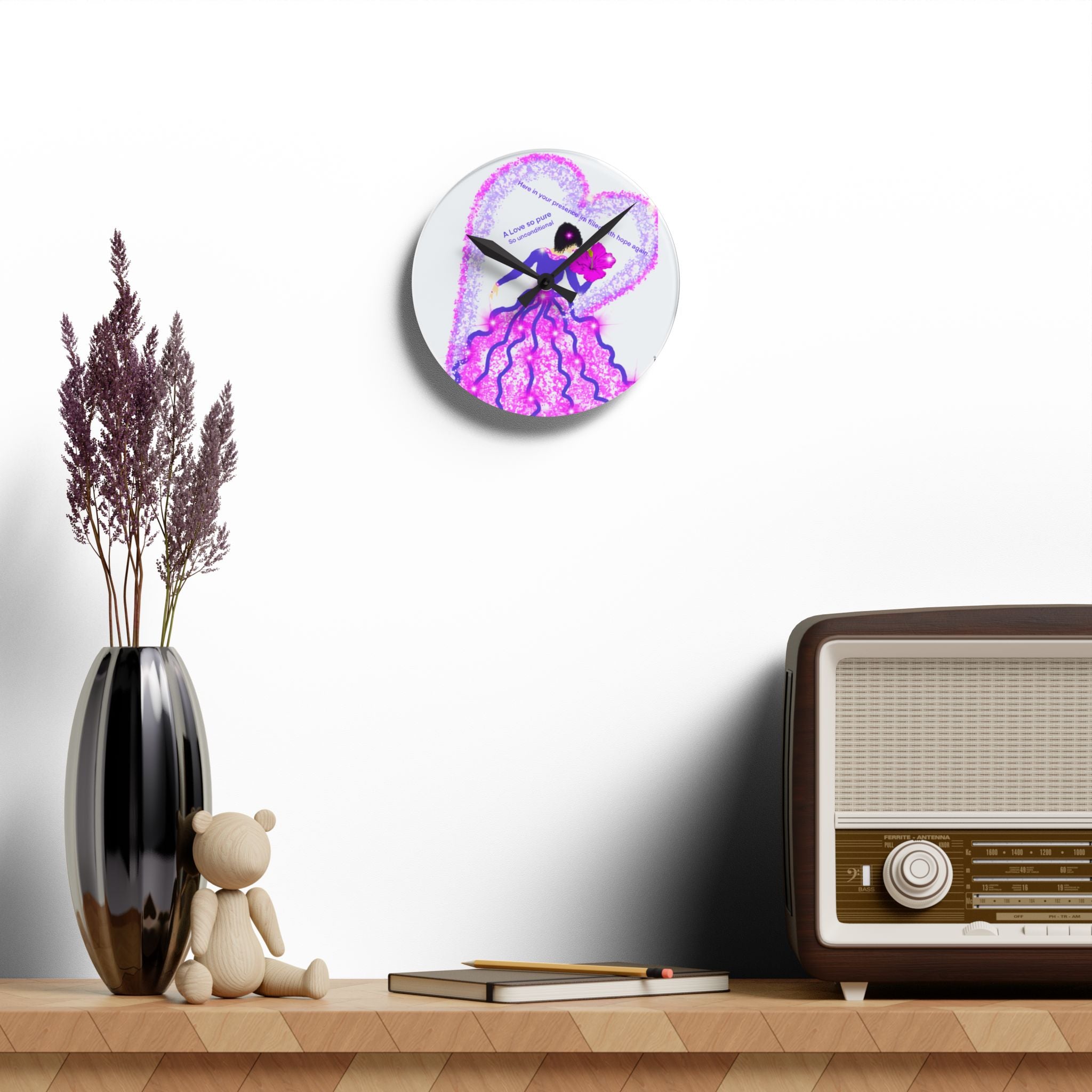 Romantic Princess Acrylic Wall Clock — 'A Love to Grow' Pink Heart Design