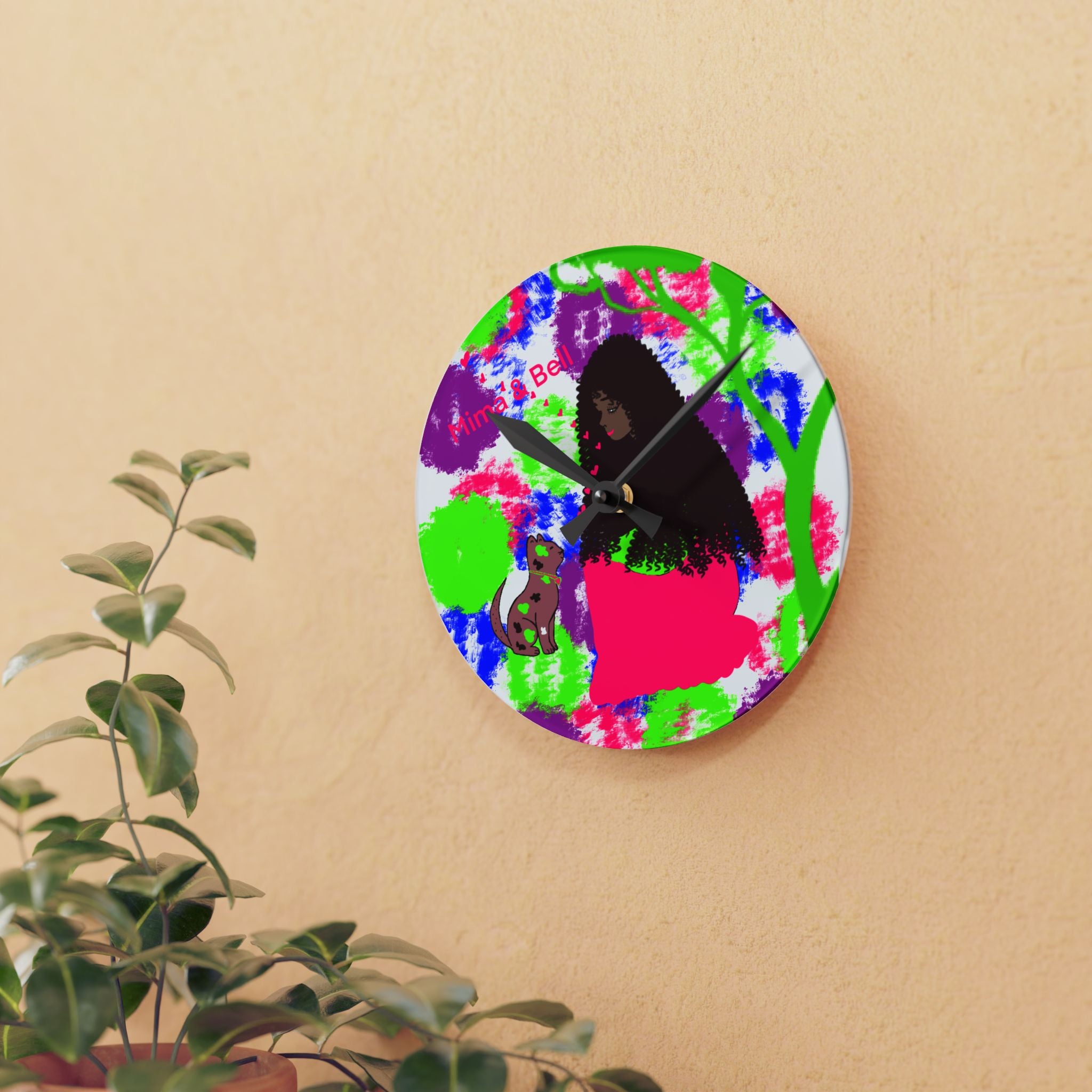 Colorful Folk Art Acrylic Wall Clock — Woman & Cat Illustration