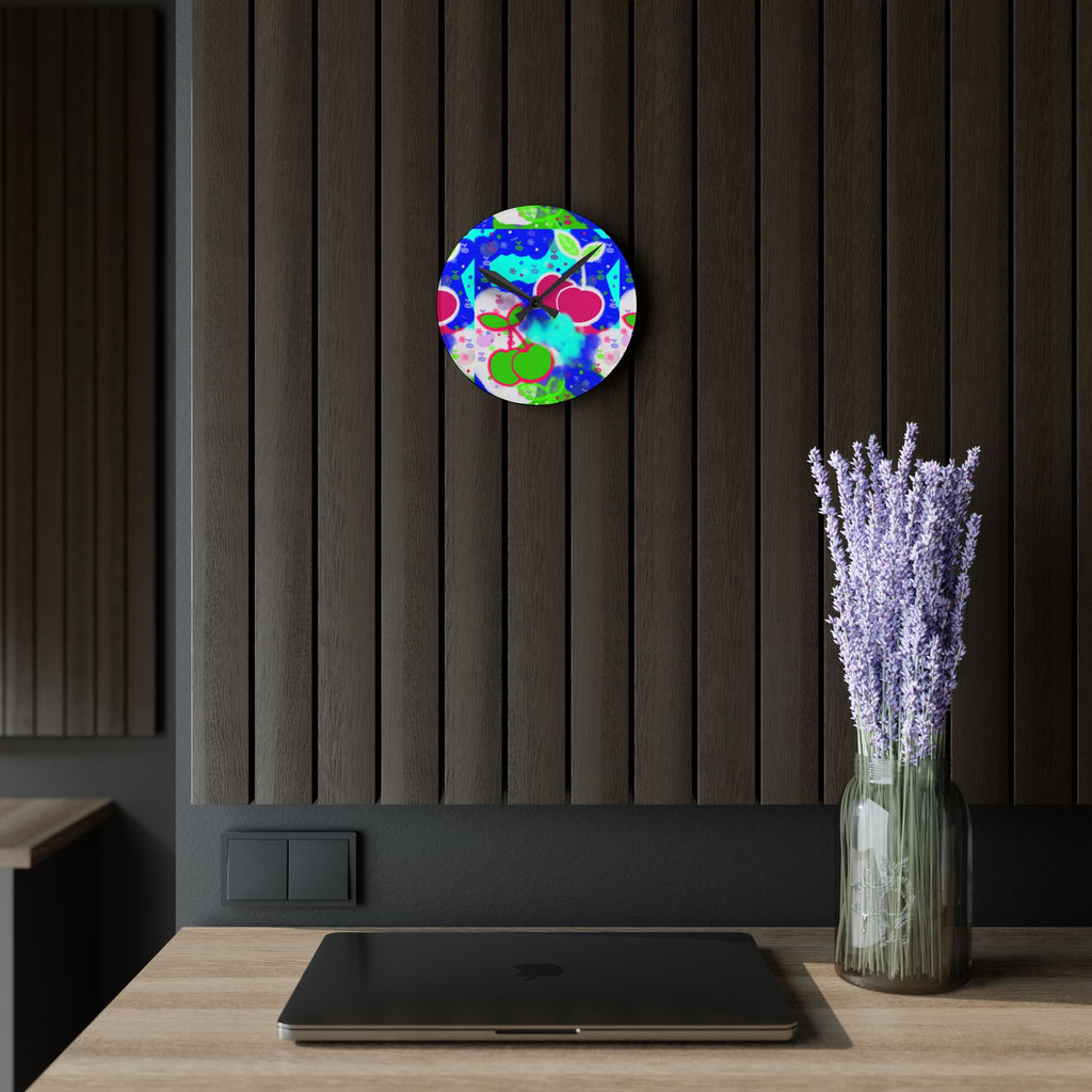 Colorful Cherry Pop Acrylic Wall Clock — Retro Fruit Kitchen Decor