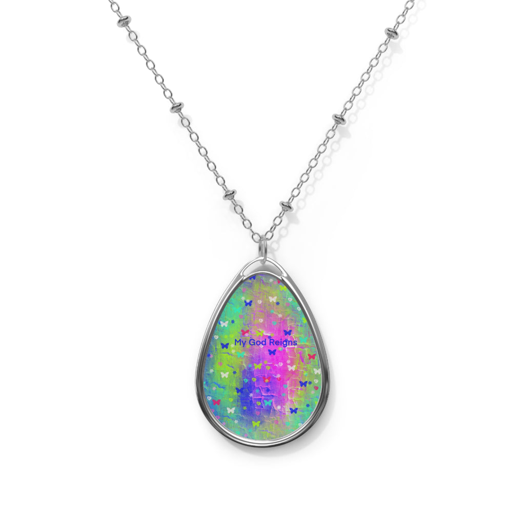 Inspirational Oval Pendant Necklace — 'My God Reign' Colorful Teardrop Charm