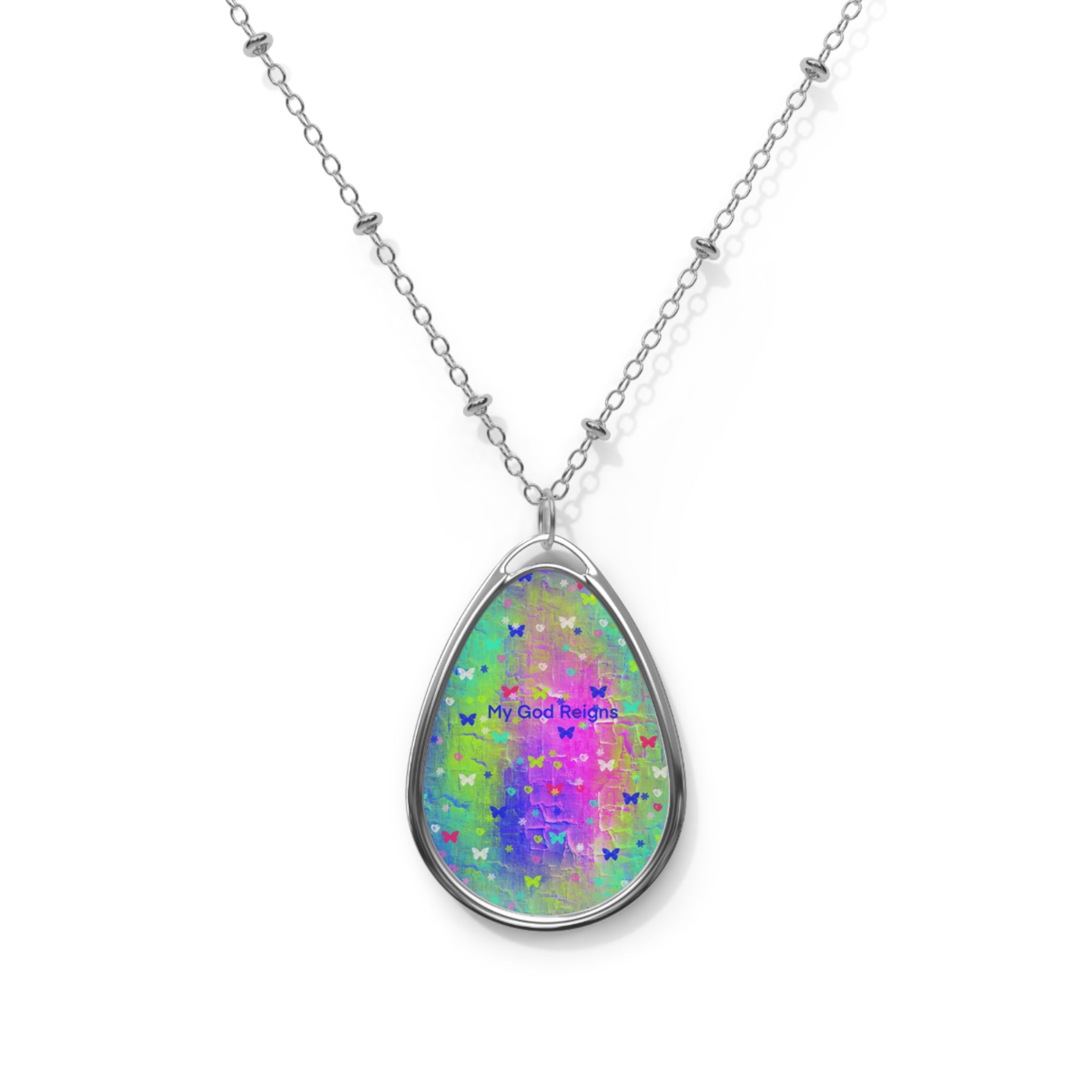 Inspirational Oval Pendant Necklace — 'My God Reign' Colorful Teardrop Charm