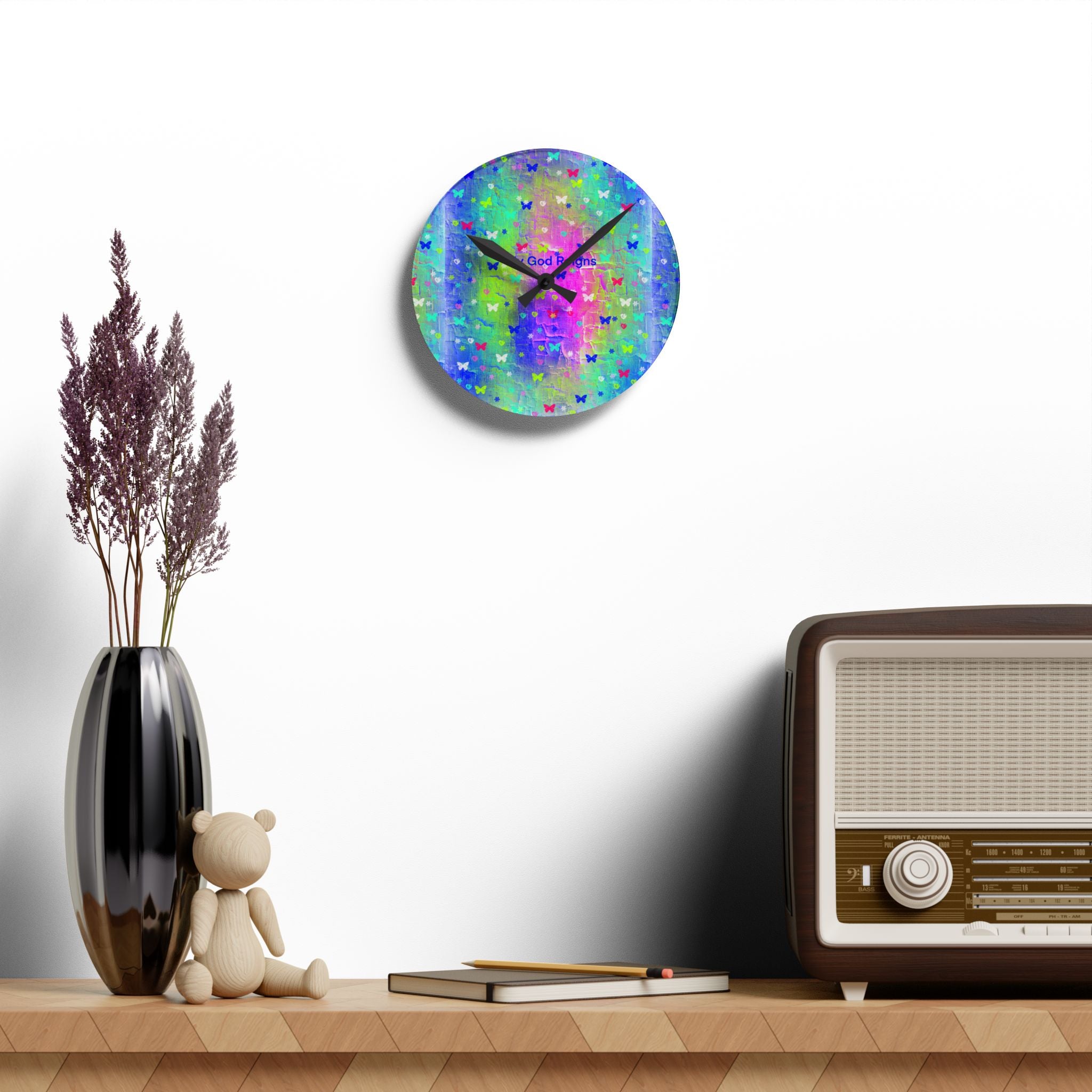 Butterfly Dreams Acrylic Wall Clock — Colorful 'God Reigns' Spiritual Decor