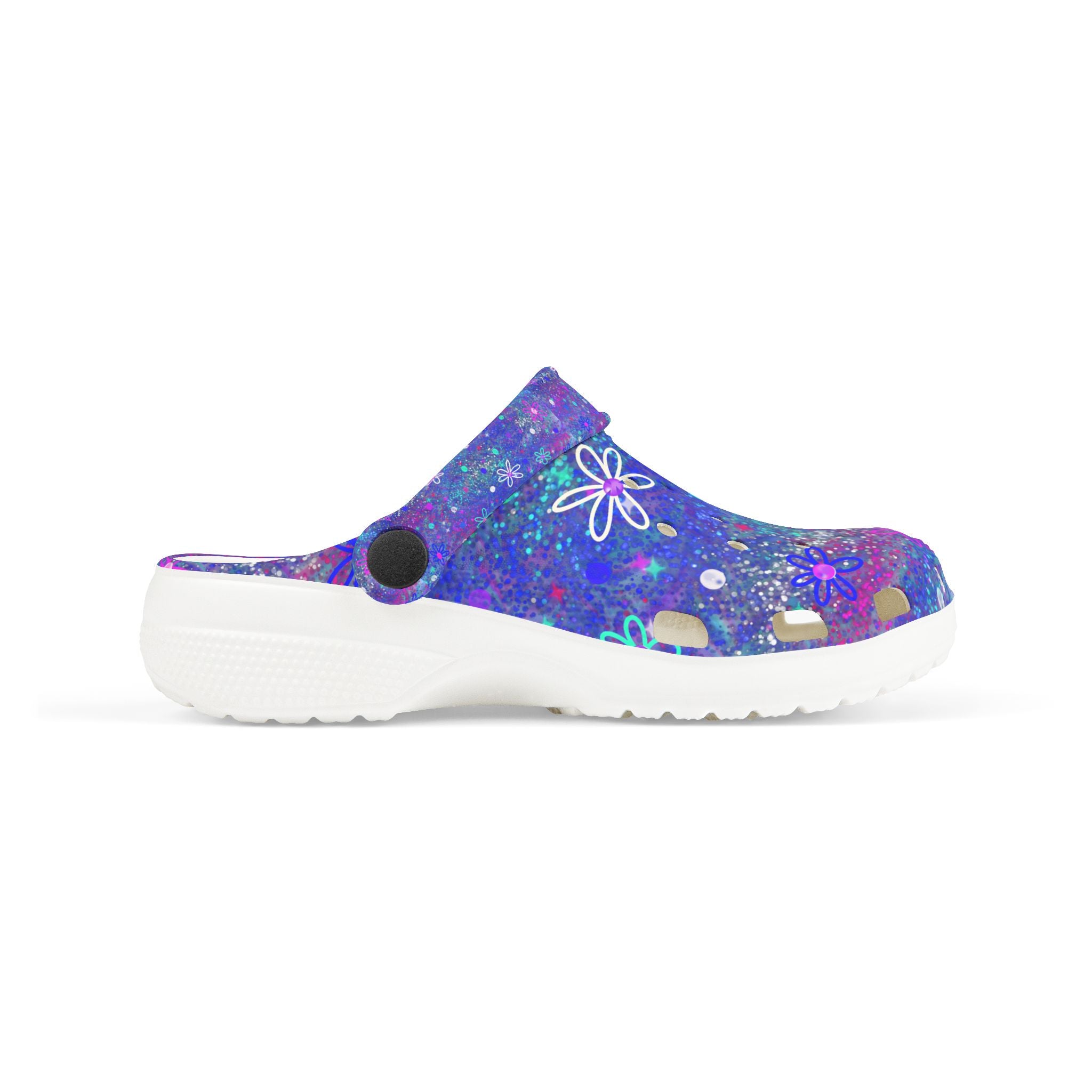 Kids Floral Galaxy EVA Foam Clogs — Purple Sparkle All-Over Print