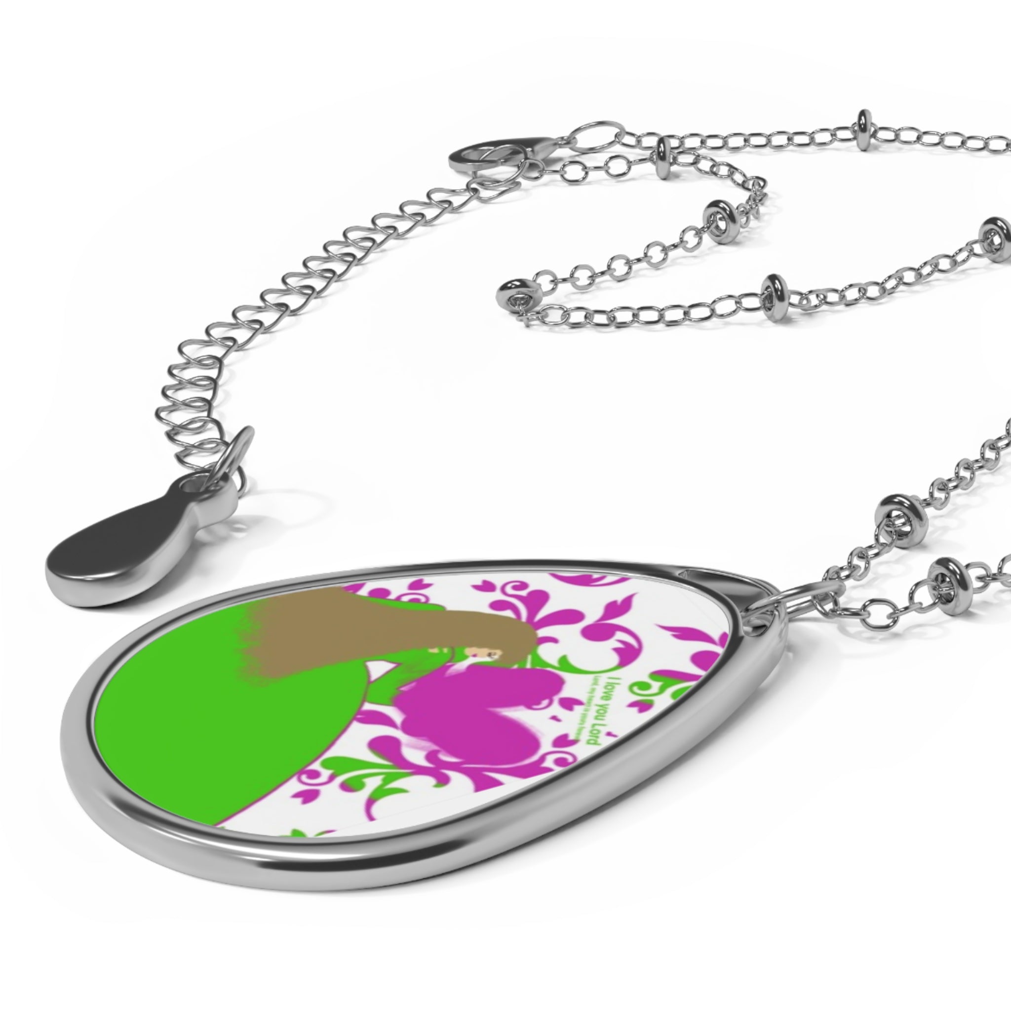 Floral Heart Oval Necklace — Silver Teardrop Pendant with Pink & Green Design