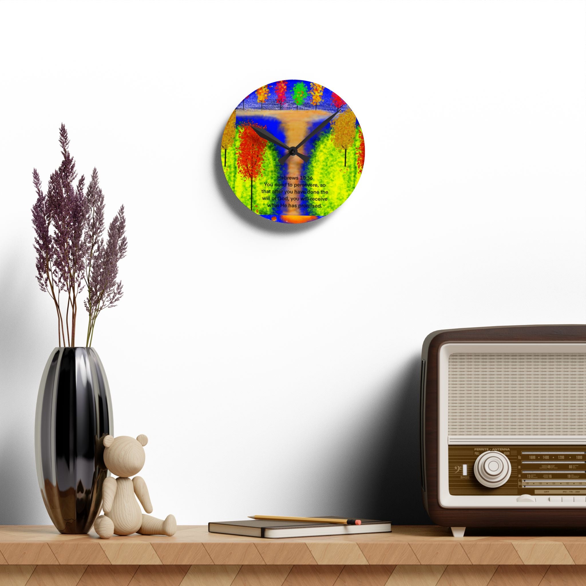 Acrylic Wall Clock — Colorful Autumn Waterfall Art Clock with Inspirational Quote