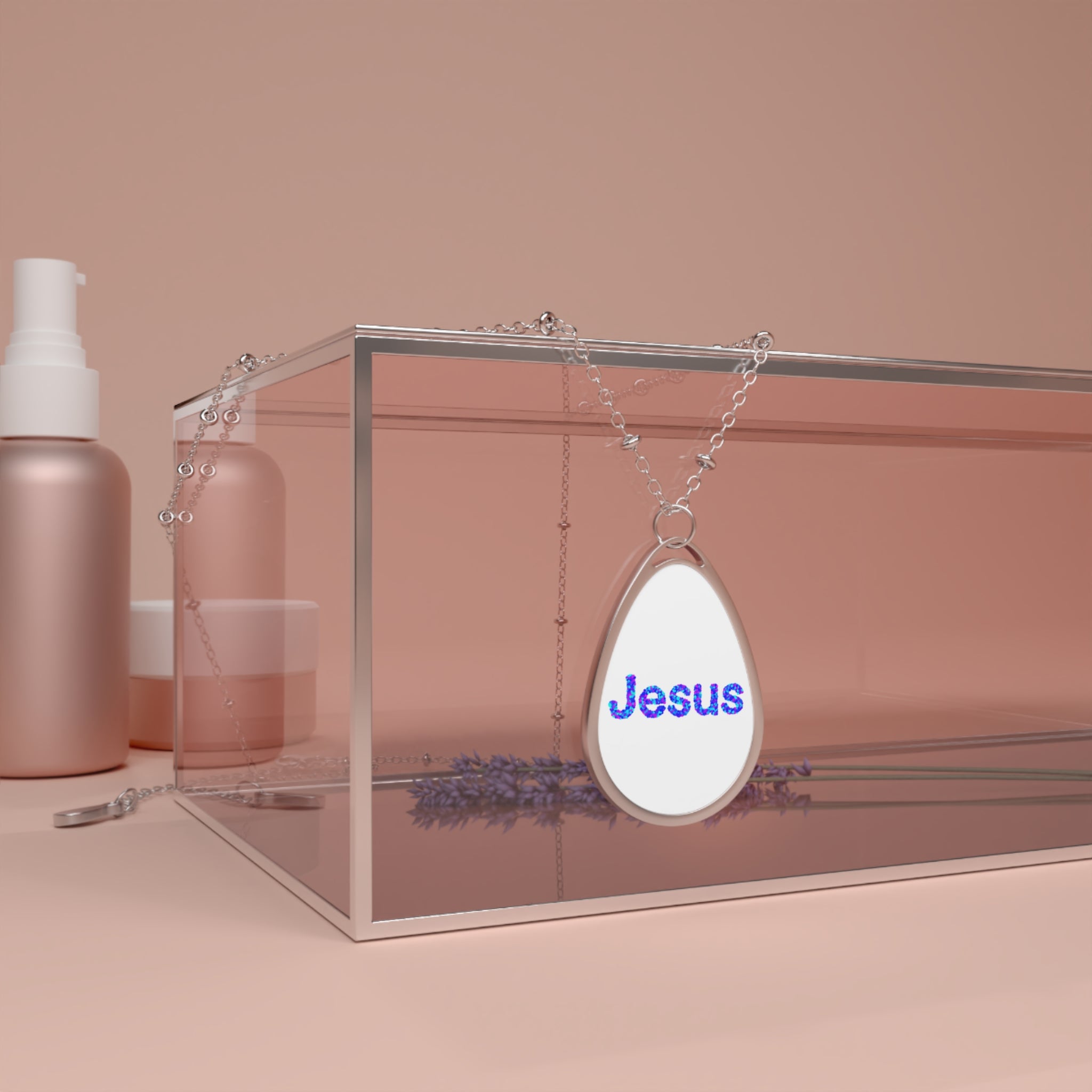 Jesus Oval Pendant Necklace — Religious Faith Silver Teardrop Necklace