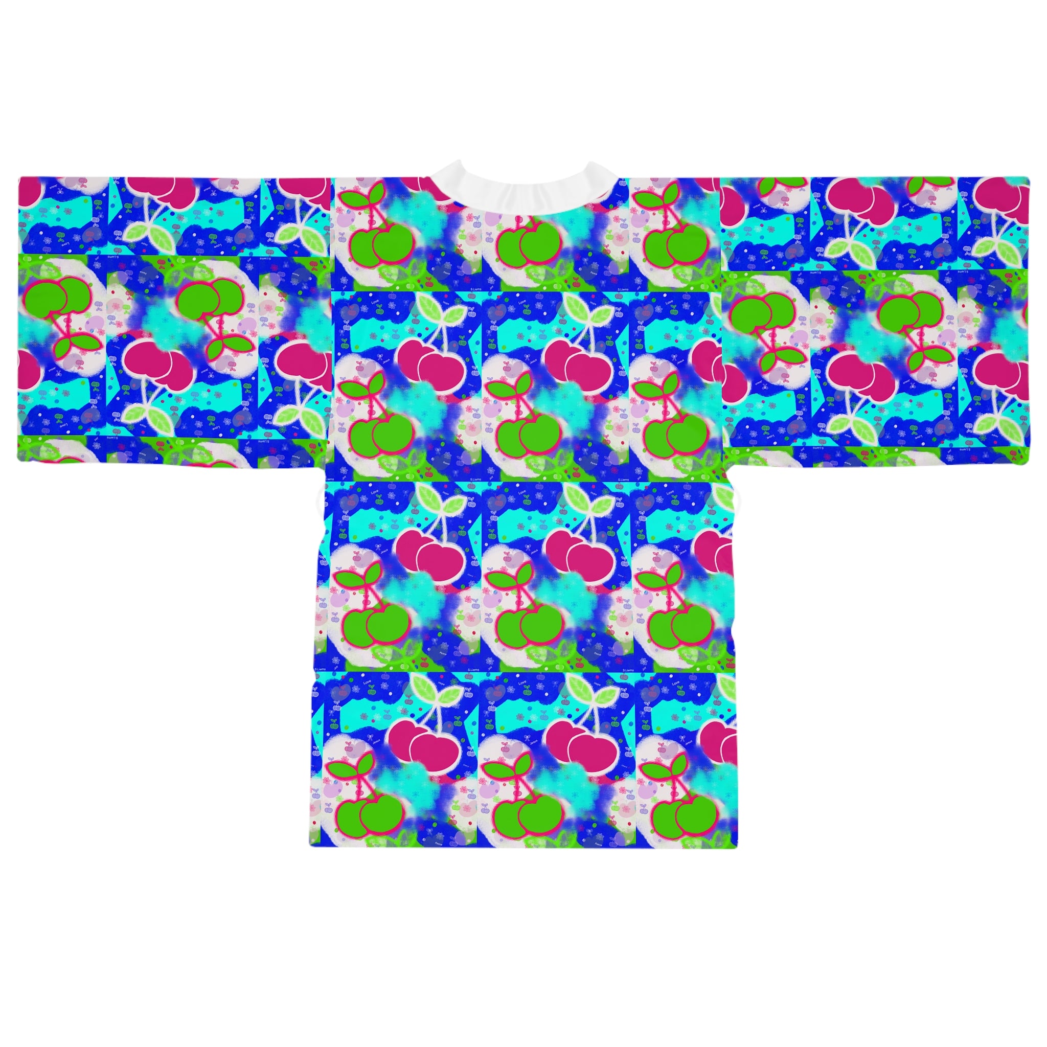 Cherry Pop Kimono Robe — Vibrant Blue All-Over Print Long Sleeve
