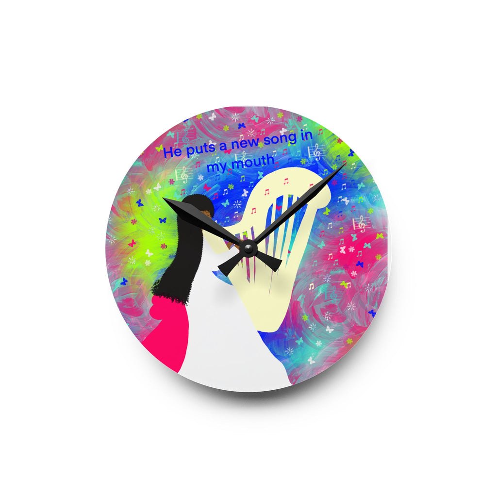 Acrylic Wall Clock — Colorful Worship Harp Design with Lyrics “He puts a new song in my mouth”