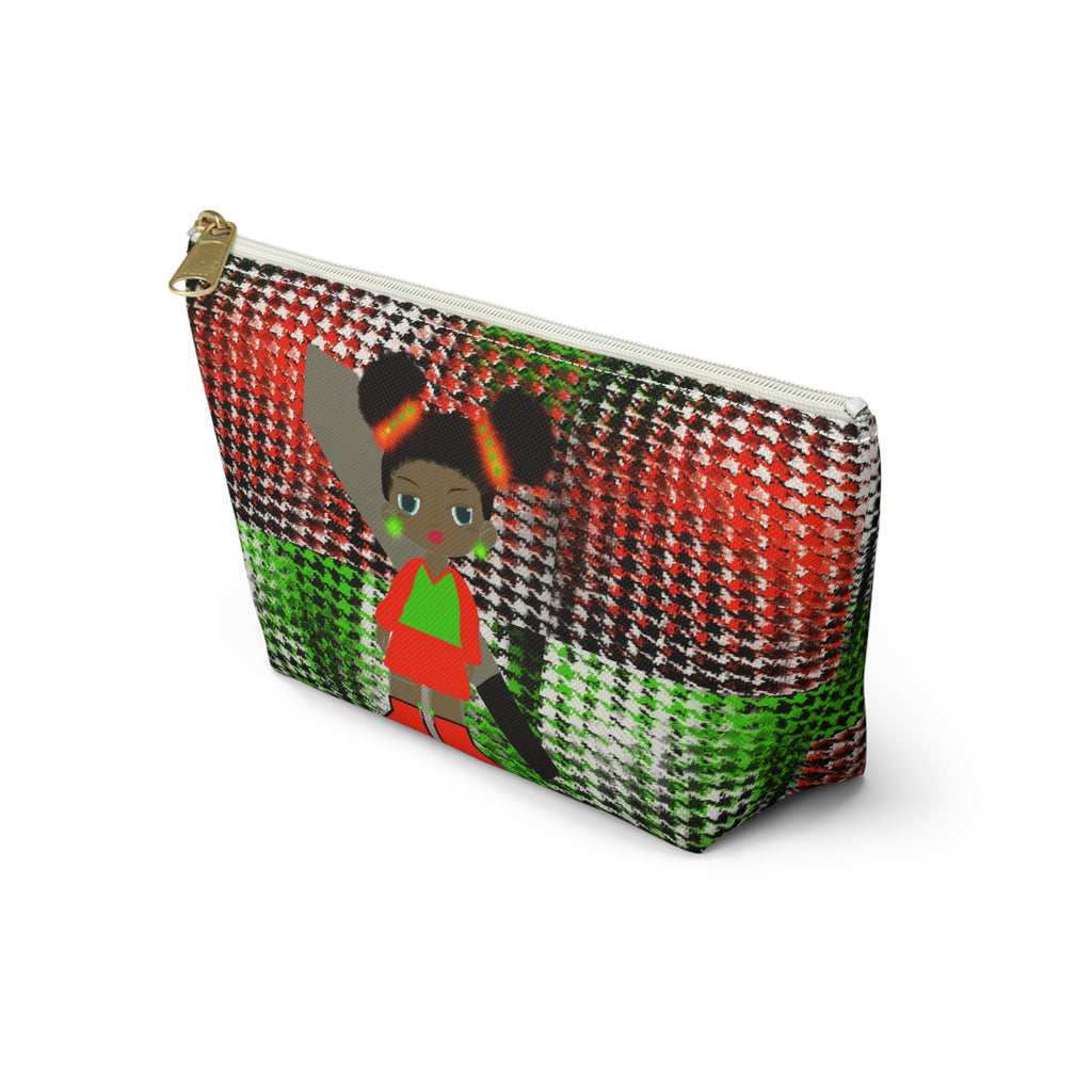 African Girl Pattern Accessory Pouch — Red & Green Houndstooth T-Bottom Cosmetic Bag