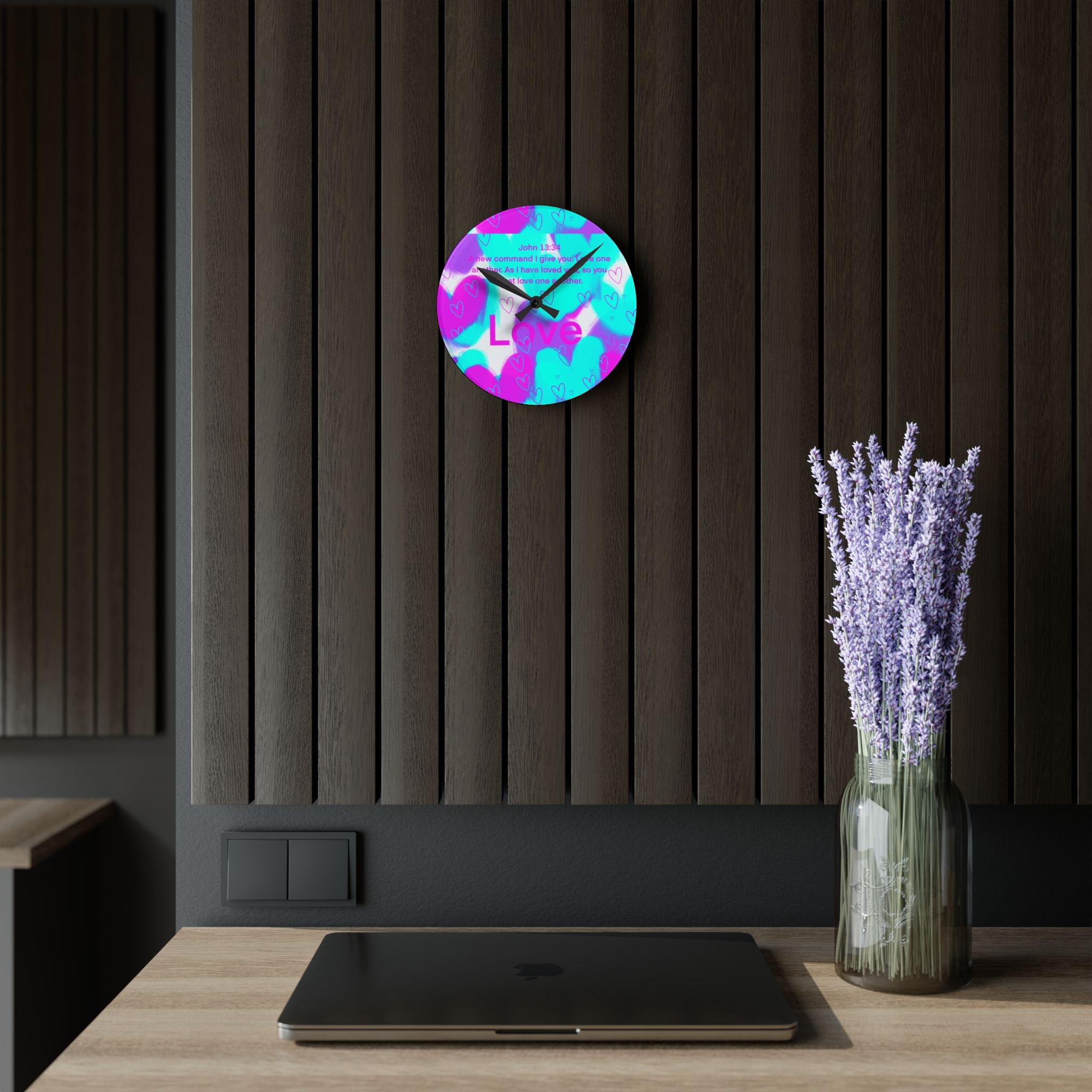 Acrylic Wall Clock — Pastel Heart ‘Love’ Bible Verse (John 13:34)