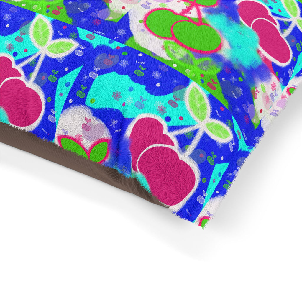 Cherry Pop Pattern Pet Bed — Bright Blue Floral Cherry Cushion for Dogs & Cats