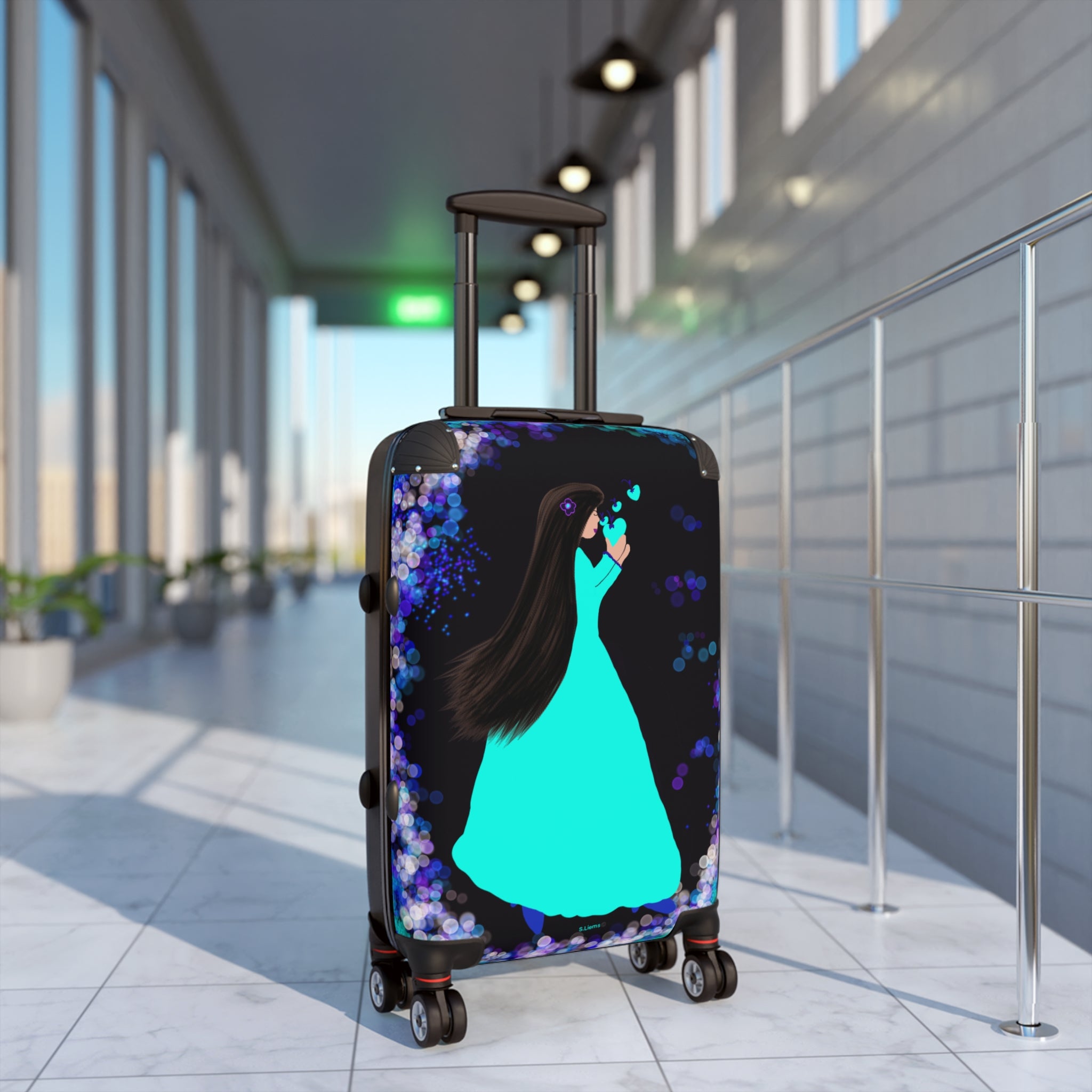 Travel Suitcase — Teal Dress Silhouette Luggage with Heart & Night Sky Design