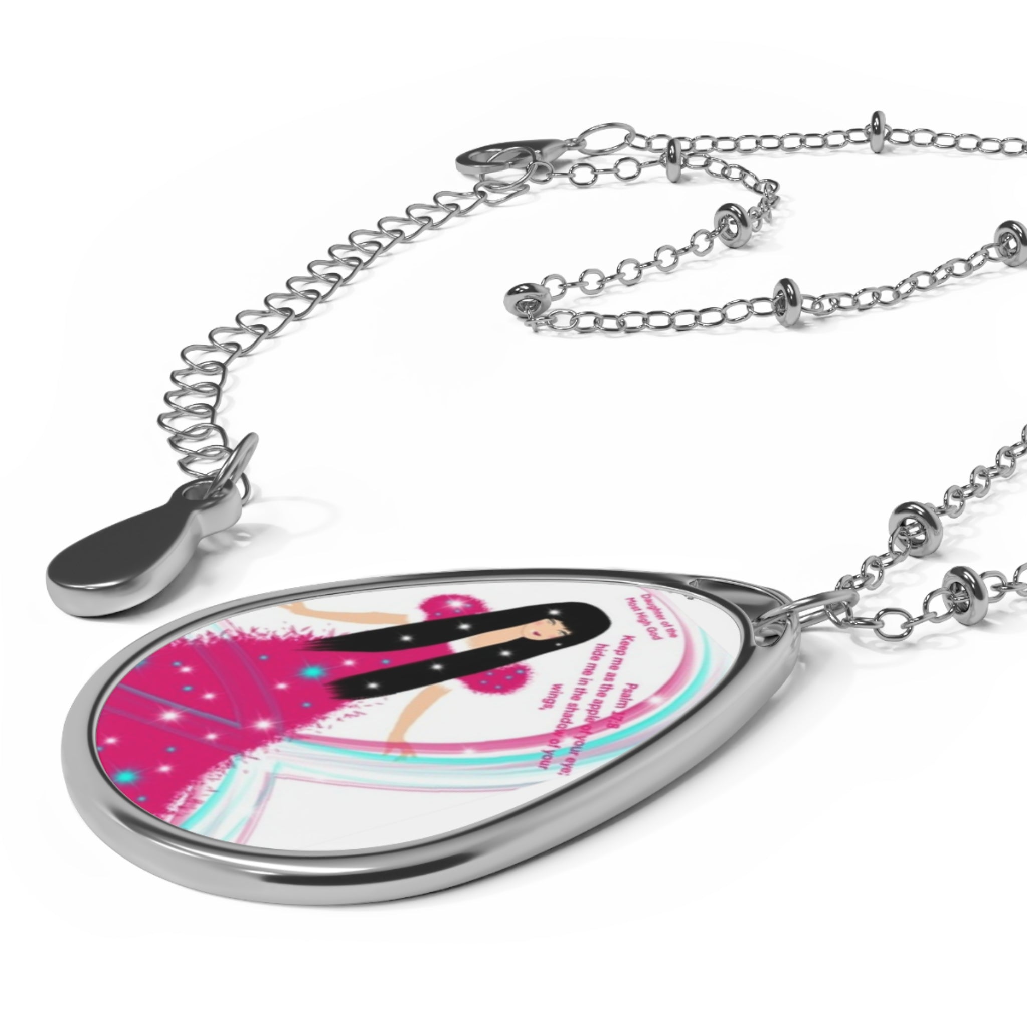 Oval Pendant Necklace — Pink Fairy Illustration Teardrop Locket