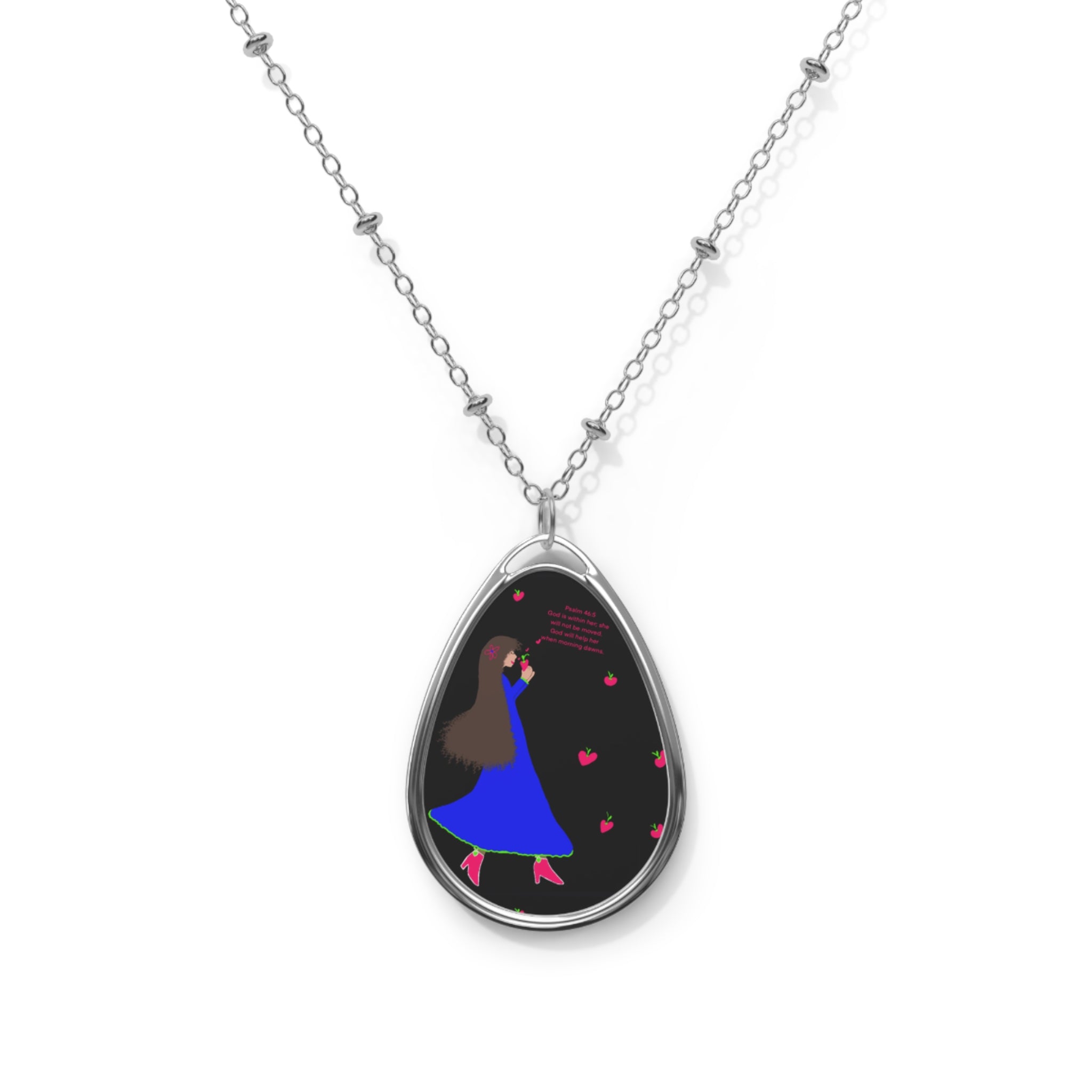 Oval Necklace — Romantic Blue Dress Pendant with Heart Confetti