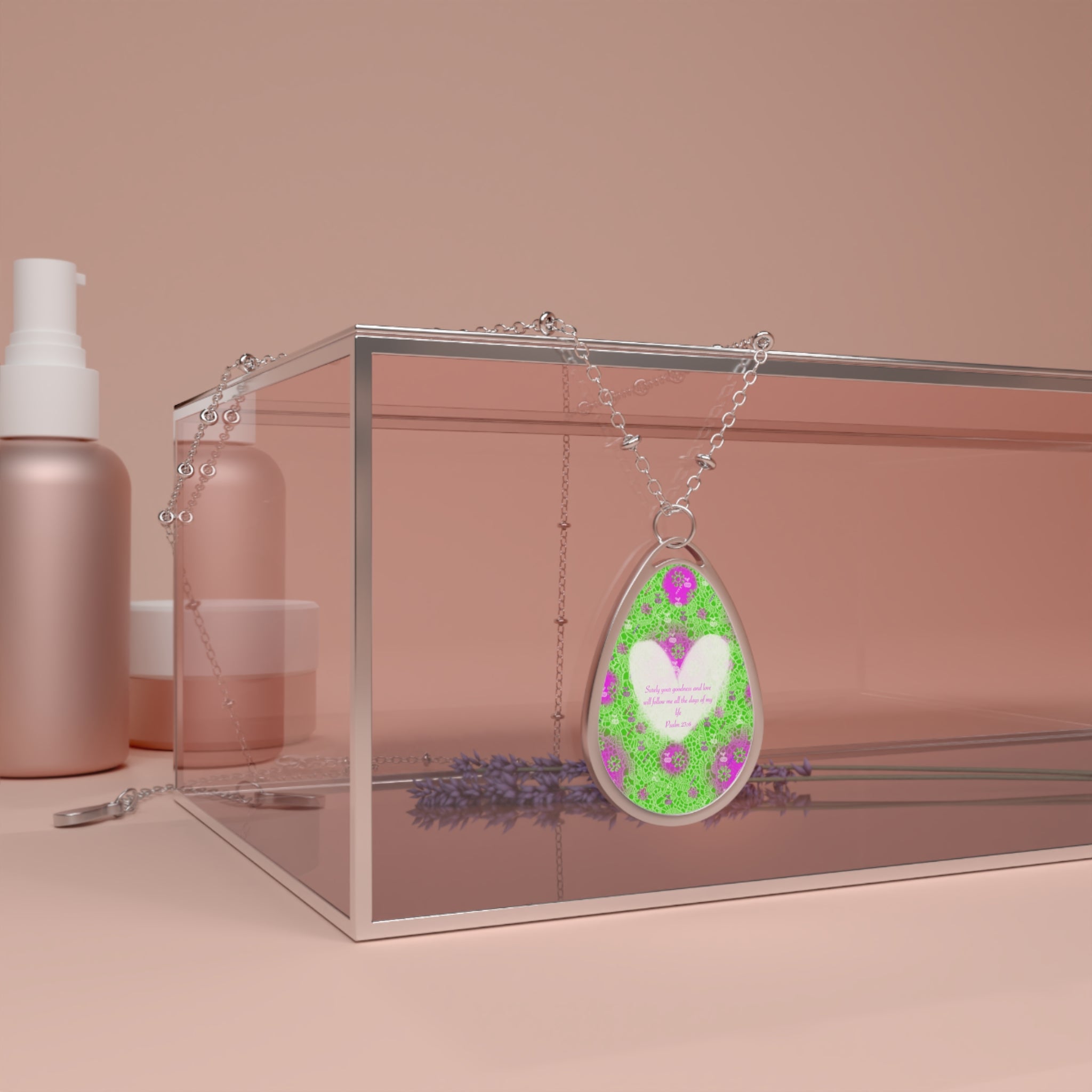 Oval Necklace - Green Floral Heart Teardrop Pendant Necklace