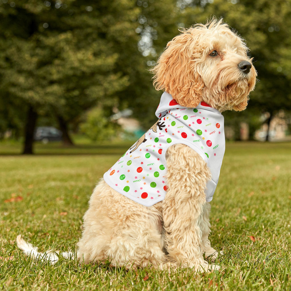 Christmas Elf & Reindeer Pet Hoodie – Cute Holiday Dog/Cat Sweater with Hearts & Confetti