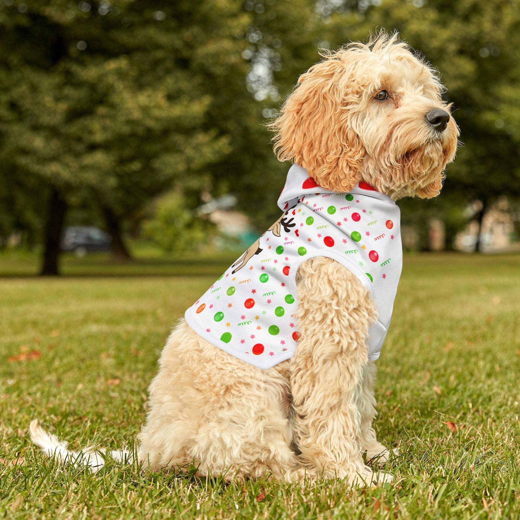 Christmas Elf & Reindeer Pet Hoodie – Cute Holiday Dog/Cat Sweater with Hearts & Confetti