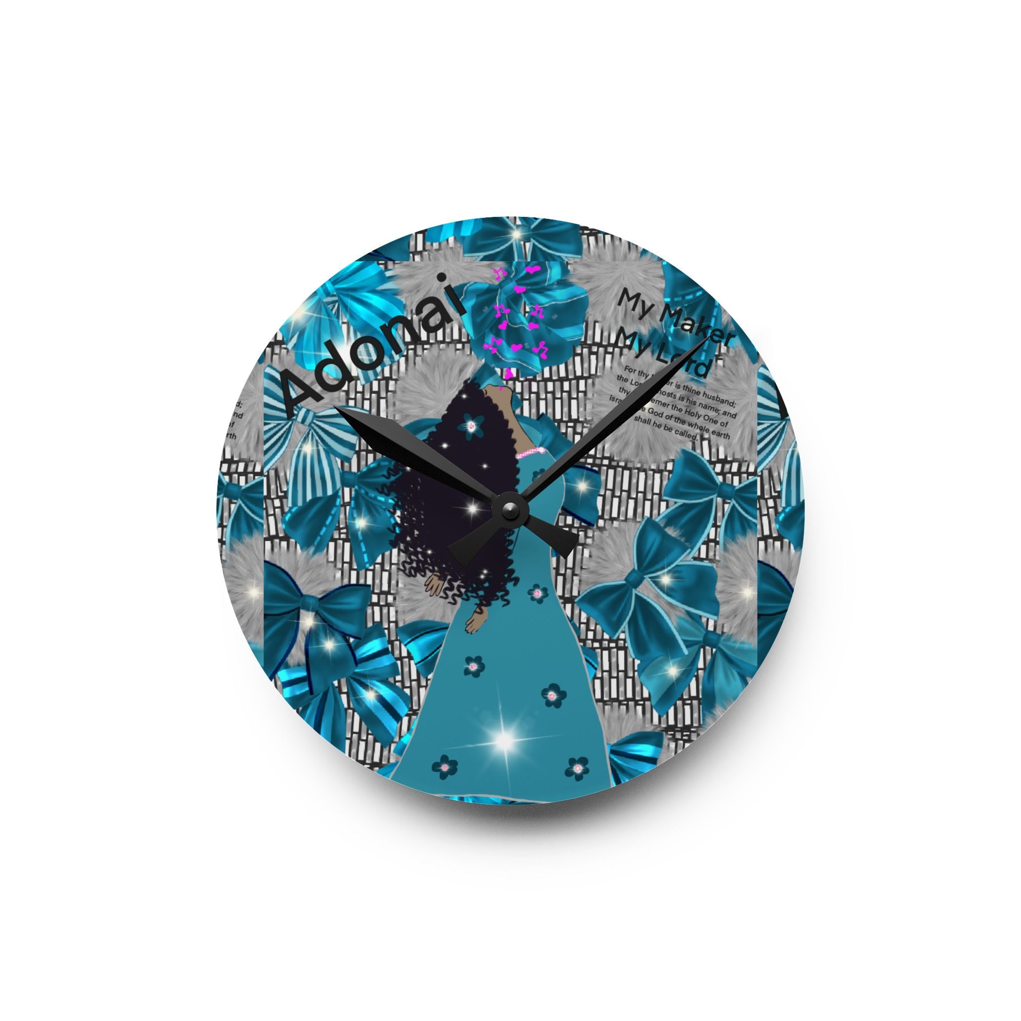 Acrylic Wall Clock — Teal Butterfly & Bows Decorative Clock