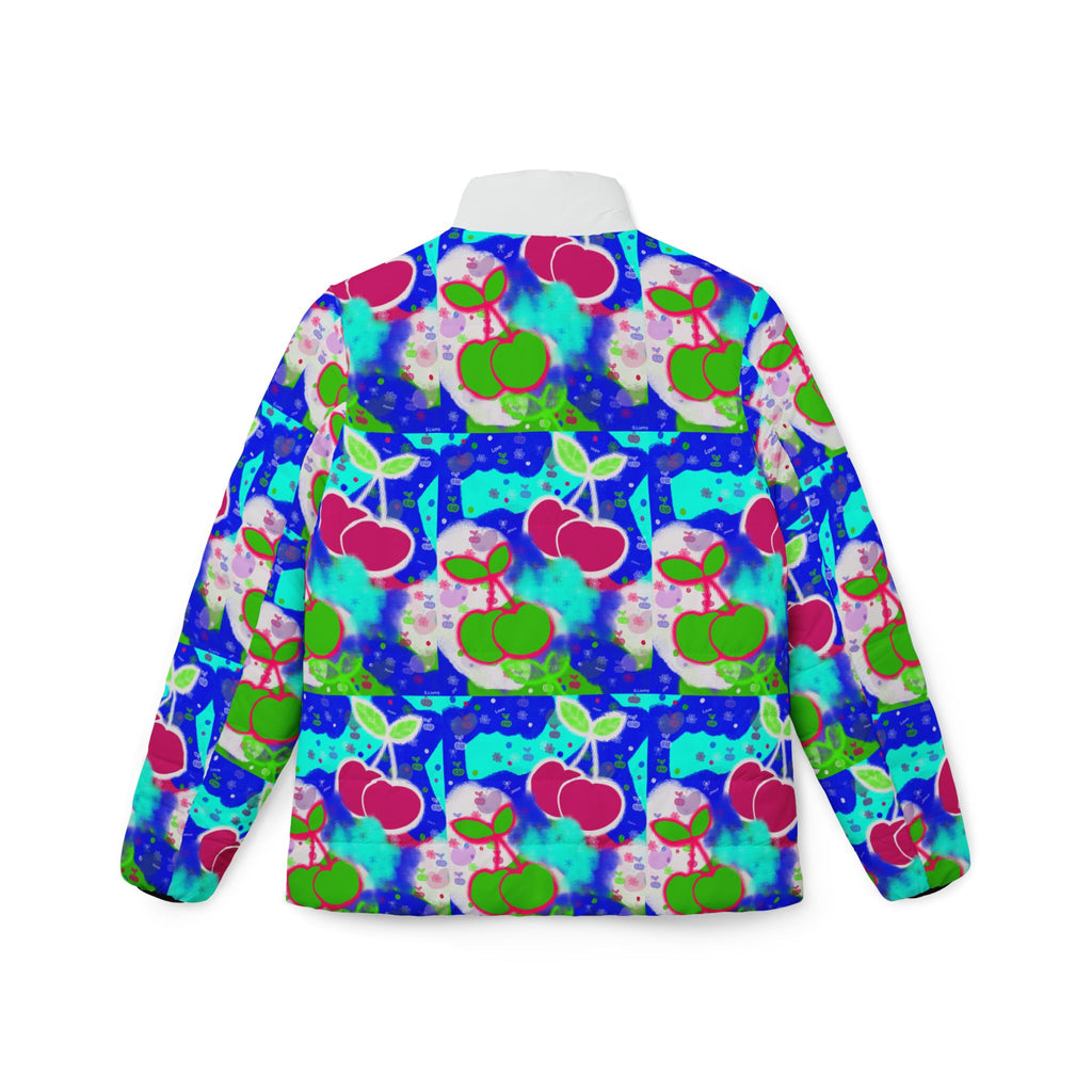 Cherry Pop Women’s Puffer Jacket — Colorful Retro Fruit Print AOP