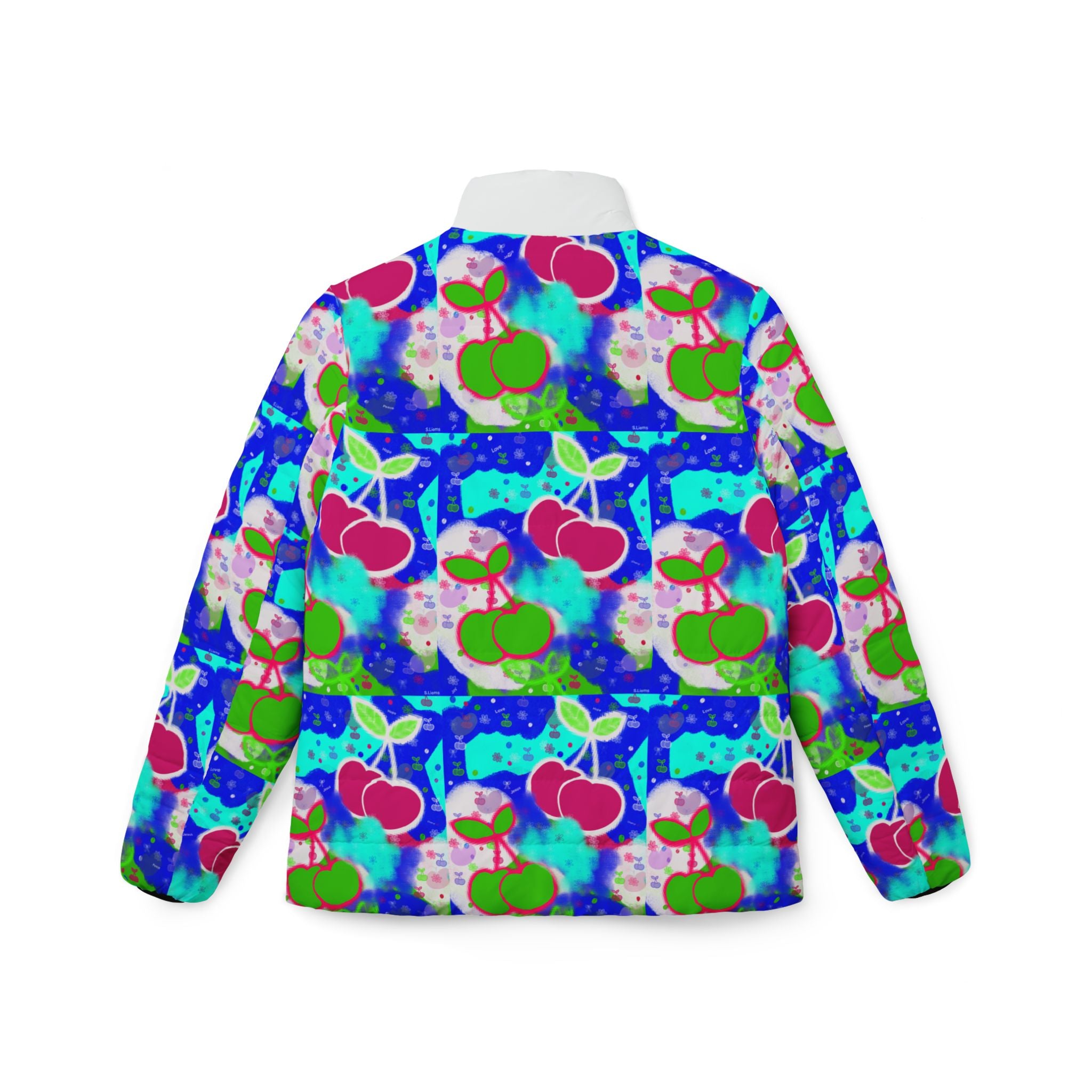 Cherry Pop Women’s Puffer Jacket — Colorful Retro Fruit Print AOP