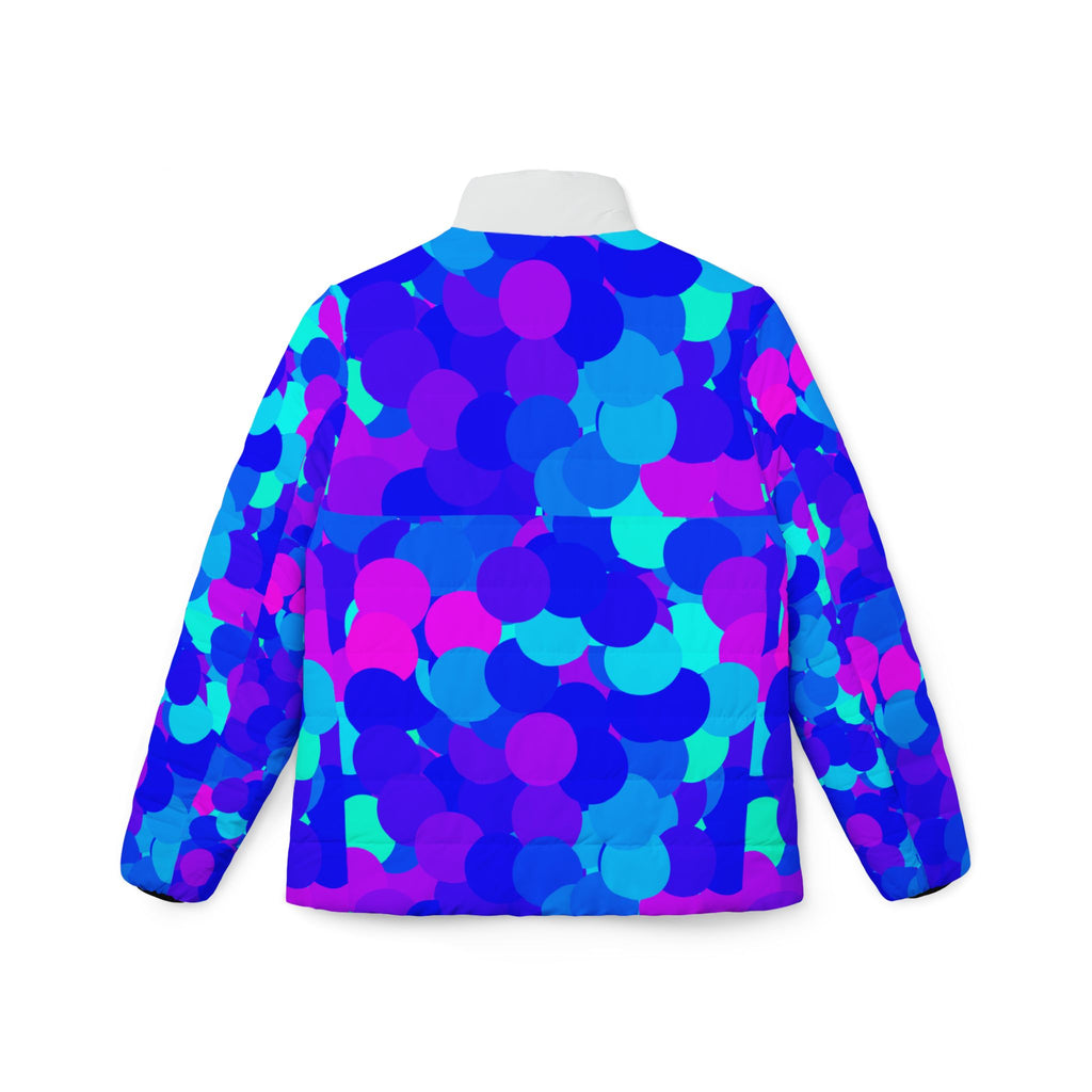 Women’s Puffer Jacket — Vibrant Blue & Purple Confetti All-Over Print