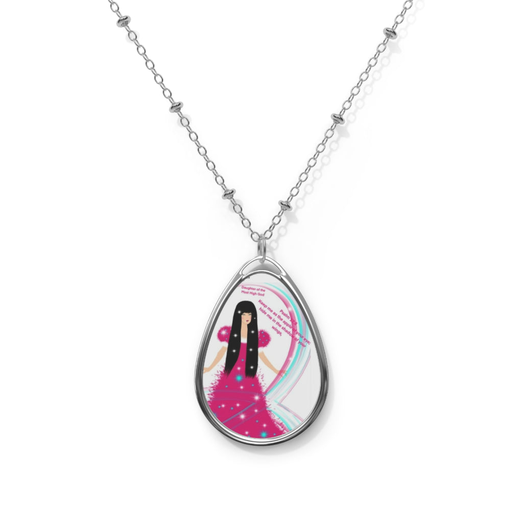 Oval Pendant Necklace — Pink Fairy Illustration Teardrop Locket