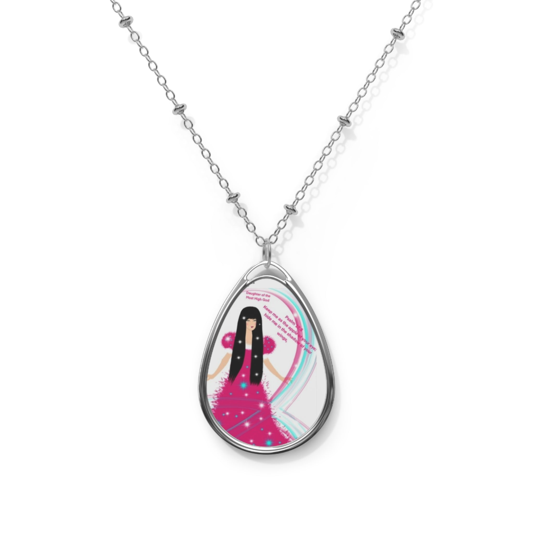 Oval Pendant Necklace — Pink Fairy Illustration Teardrop Locket