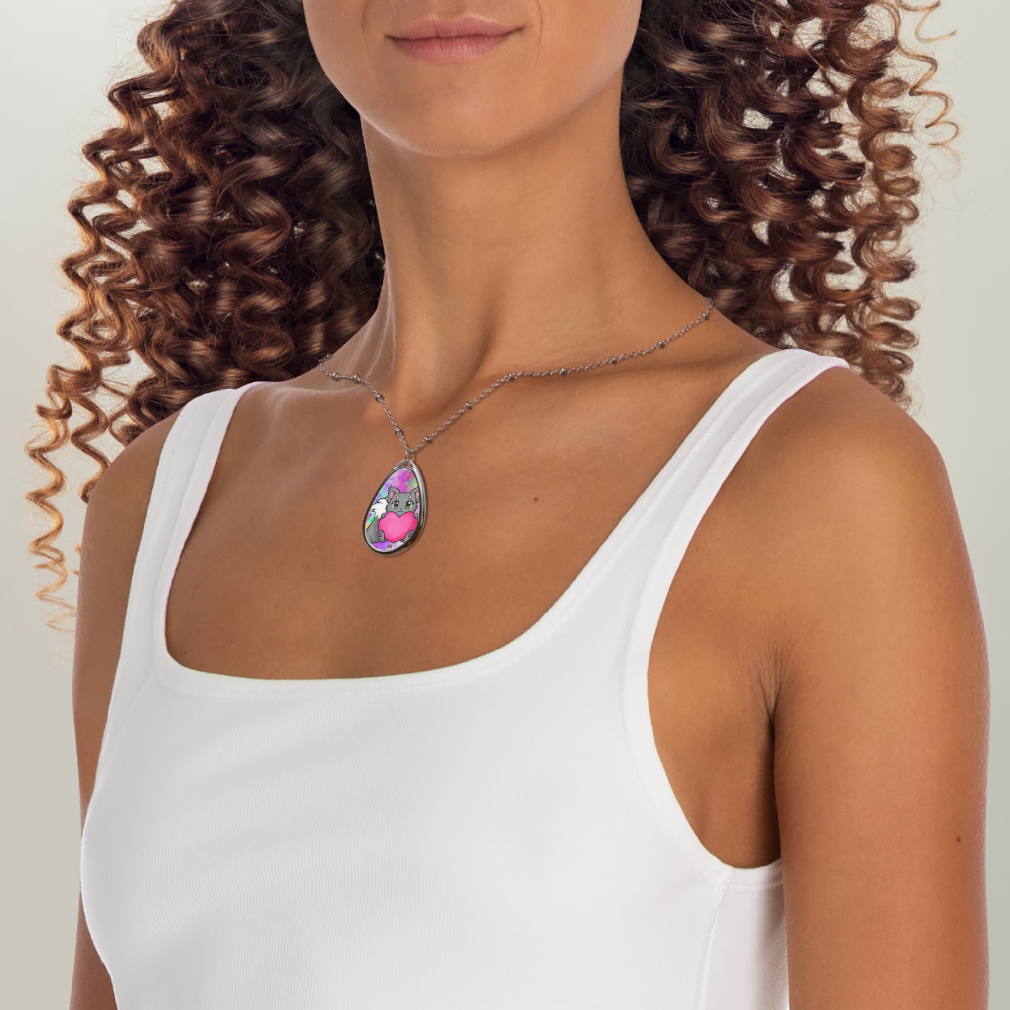 Cute Cat Heart Oval Necklace — Kawaii Cat Pendant Jewelry for Cat Lovers