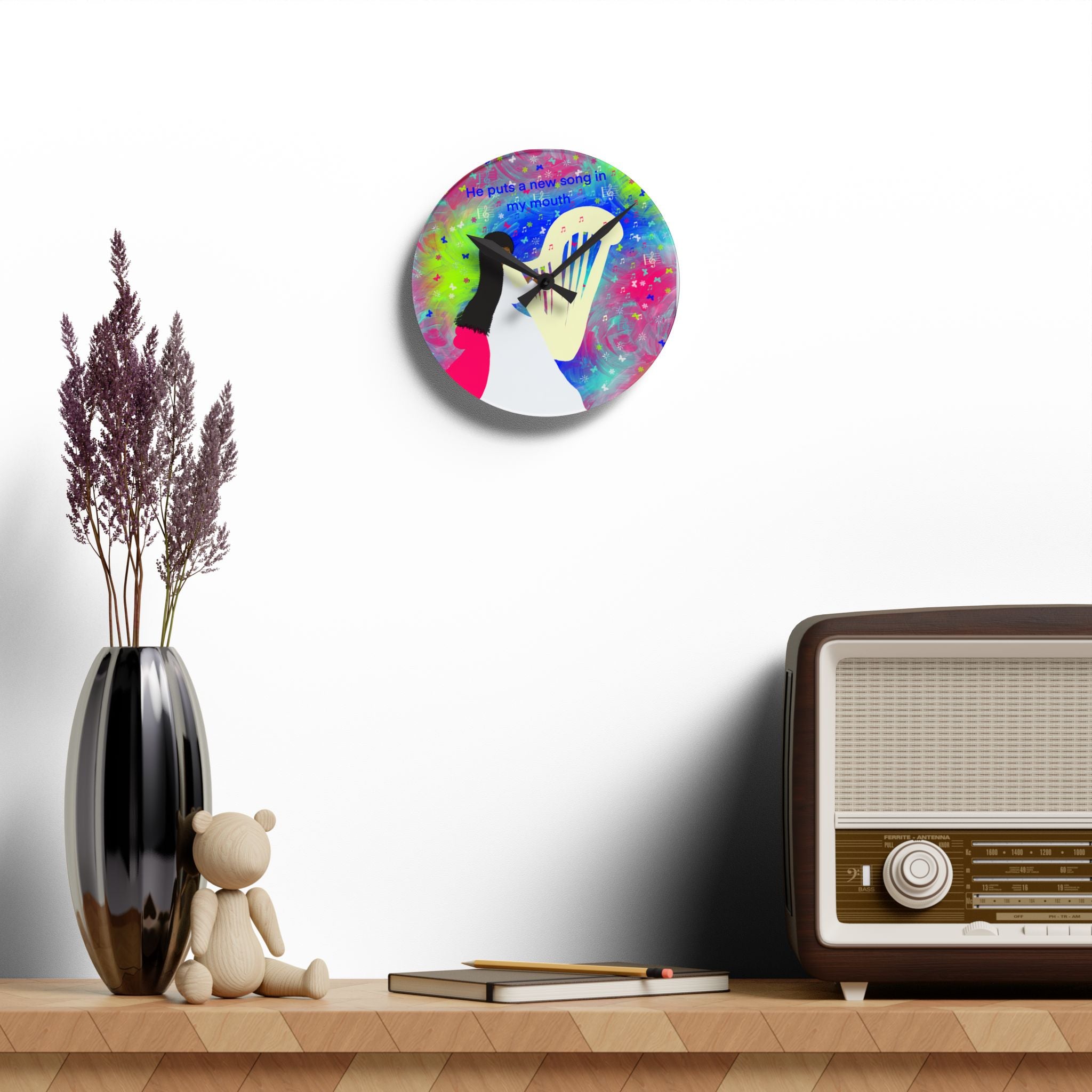 Acrylic Wall Clock — Colorful Worship Harp Design with Lyrics “He puts a new song in my mouth”