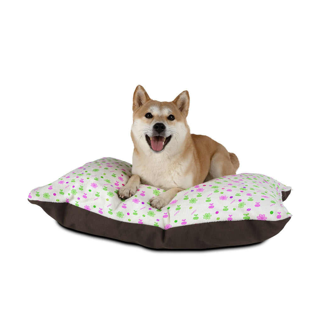 Floral Paw Print Pet Bed — Soft Pink & Green Dog/Cat Pillow