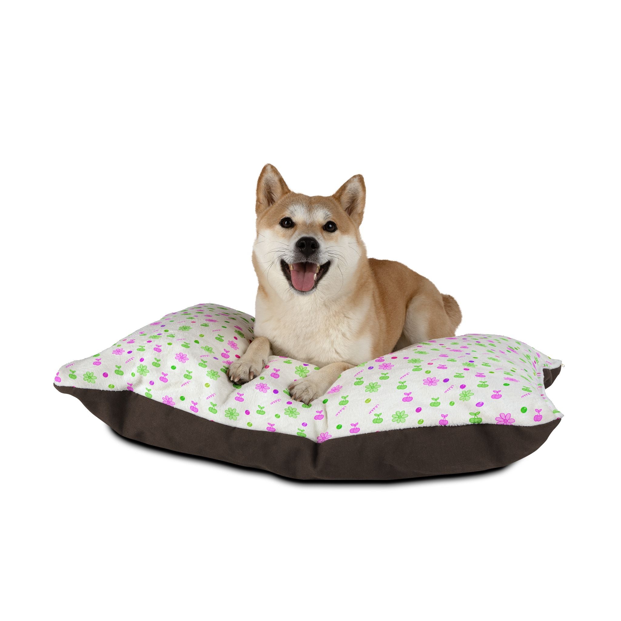 Floral Paw Print Pet Bed — Soft Pink & Green Dog/Cat Pillow