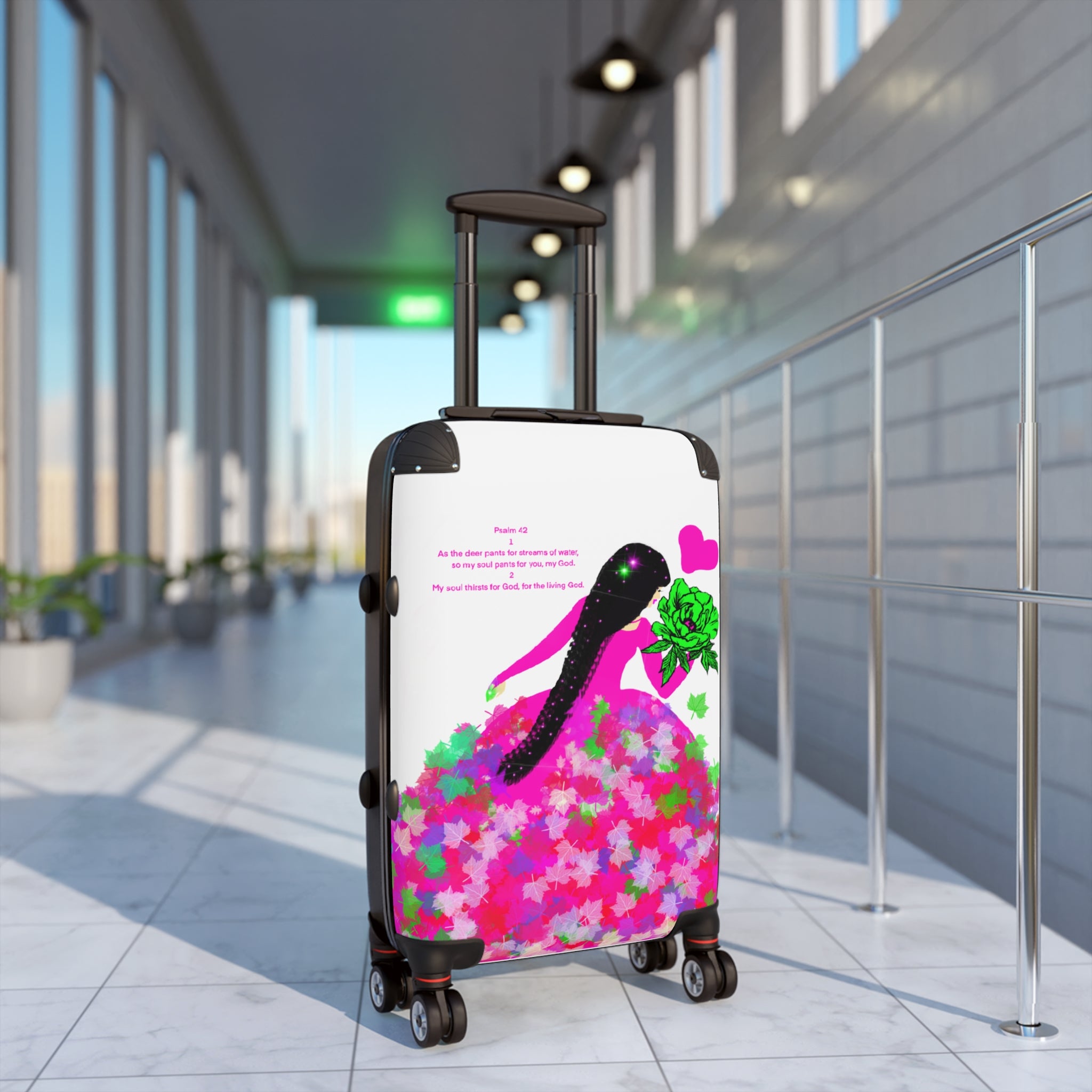 Floral Stiletto Carry-On Suitcase – Pink Heart & Green Bow Travel Luggage