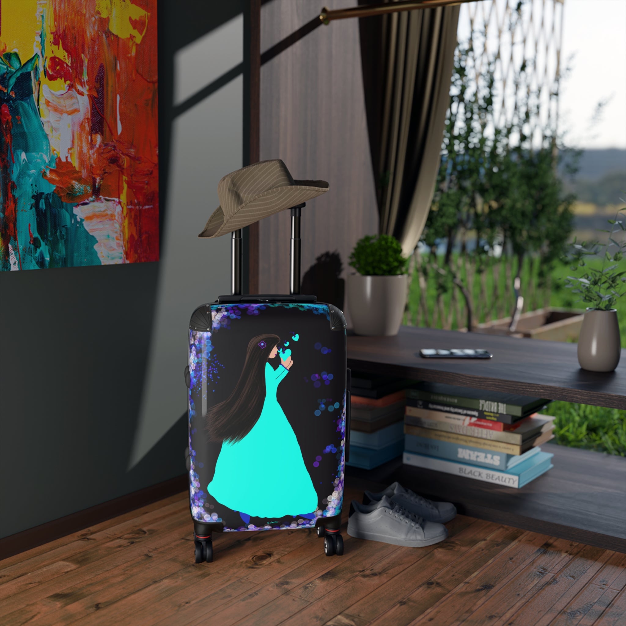 Travel Suitcase — Teal Dress Silhouette Luggage with Heart & Night Sky Design
