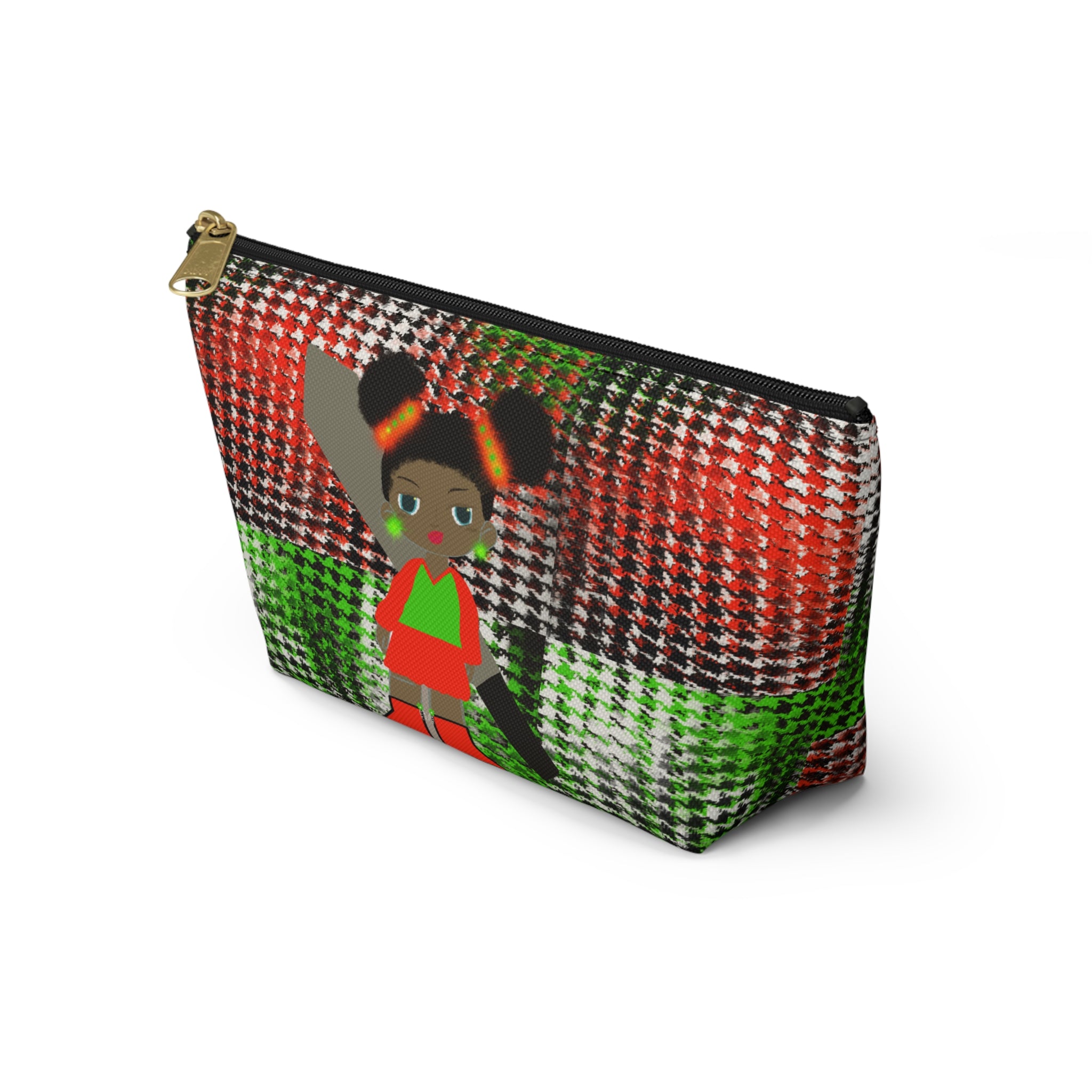 African Girl Pattern Accessory Pouch — Red & Green Houndstooth T-Bottom Cosmetic Bag